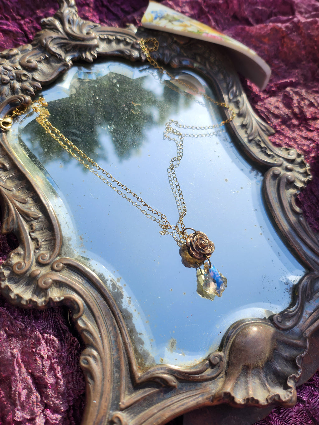 Rosarium Collection Collection - Handmade Bronze Rose Pendant with White Crystal