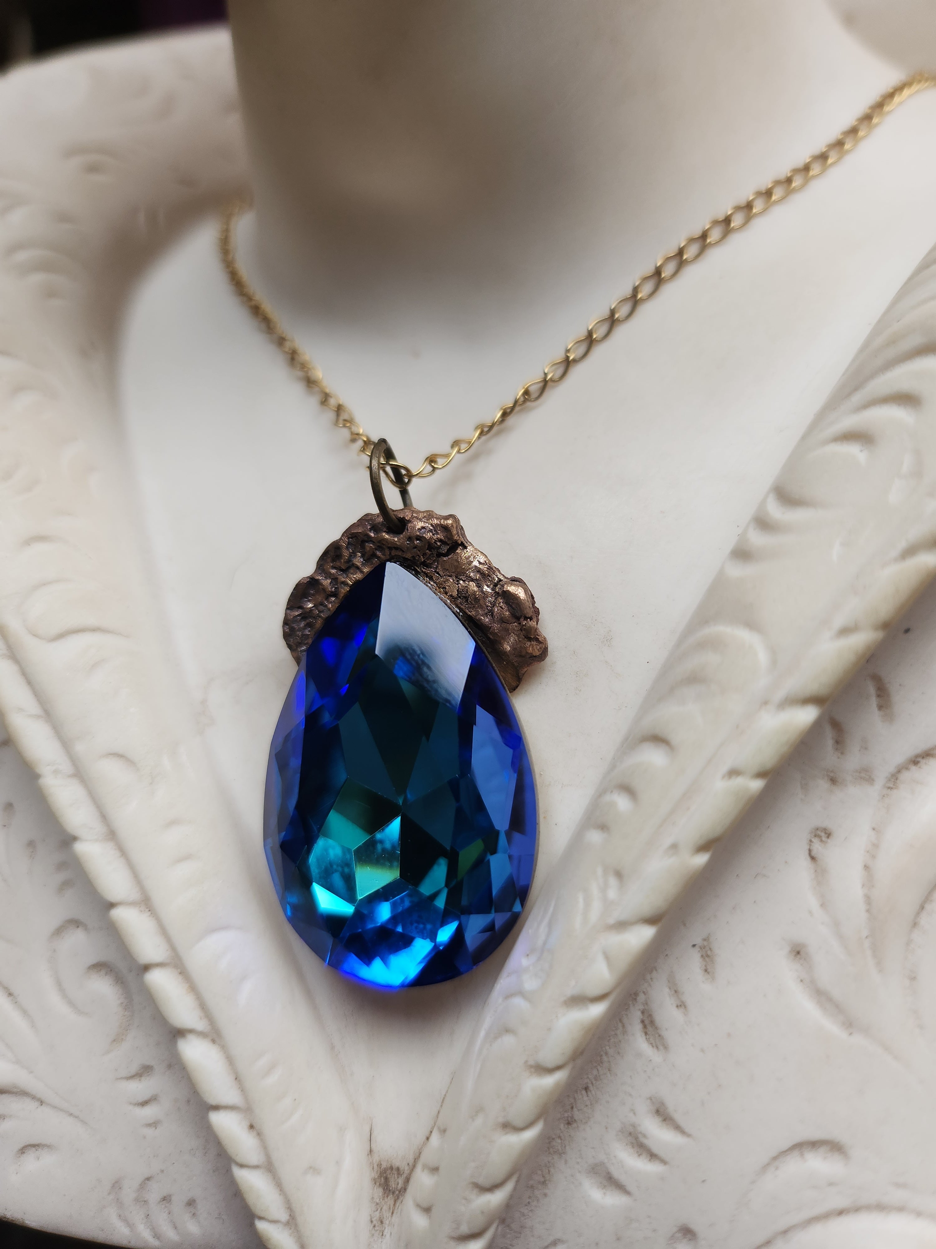 Mystic Baroque Collection - Handmade Bronze Pendant with Electric Blue Teardrop Crystal