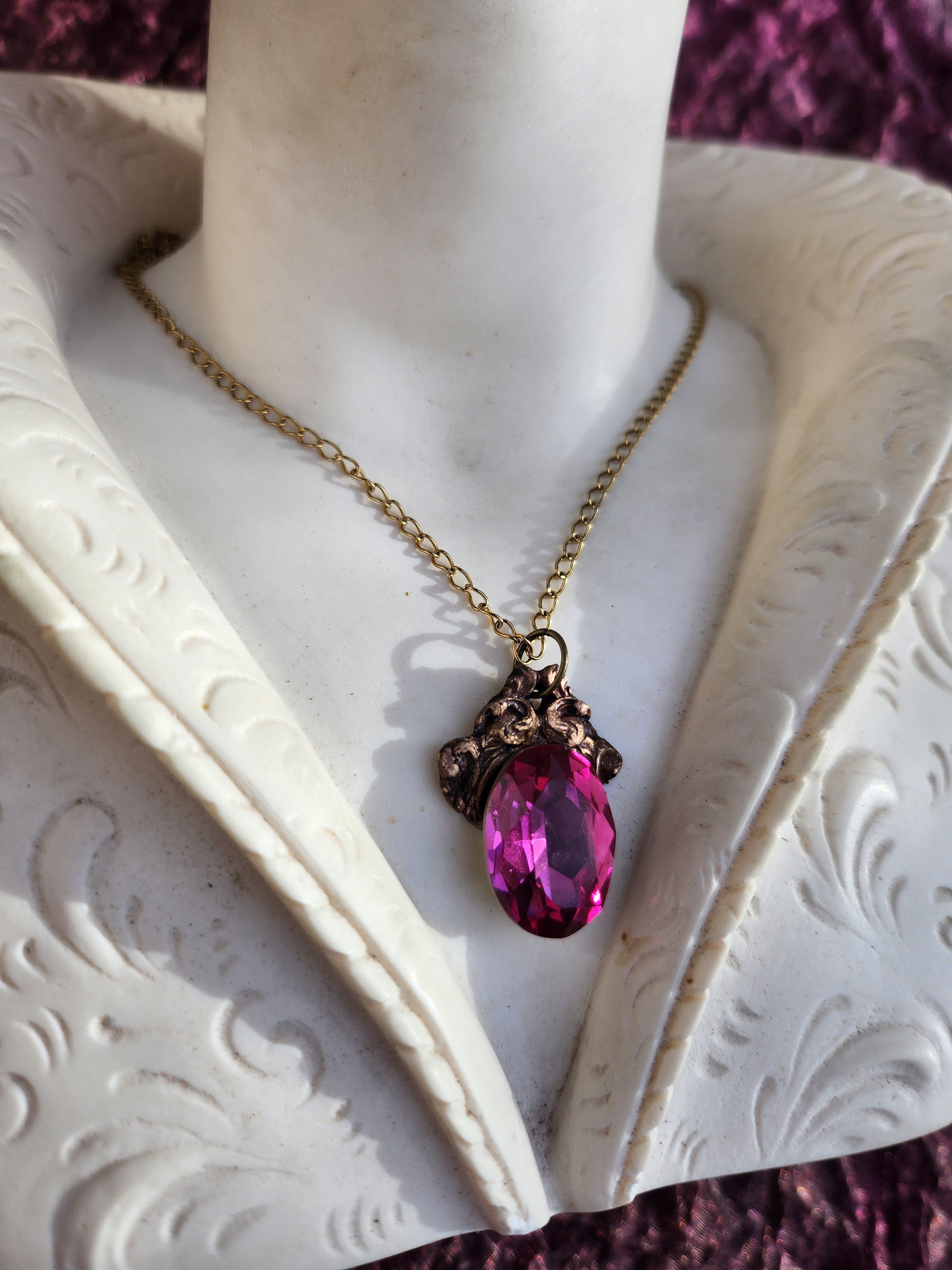 Arcane Resonance Collection – Handmade Bronze Pendant with Fuchsia Oval Crystal