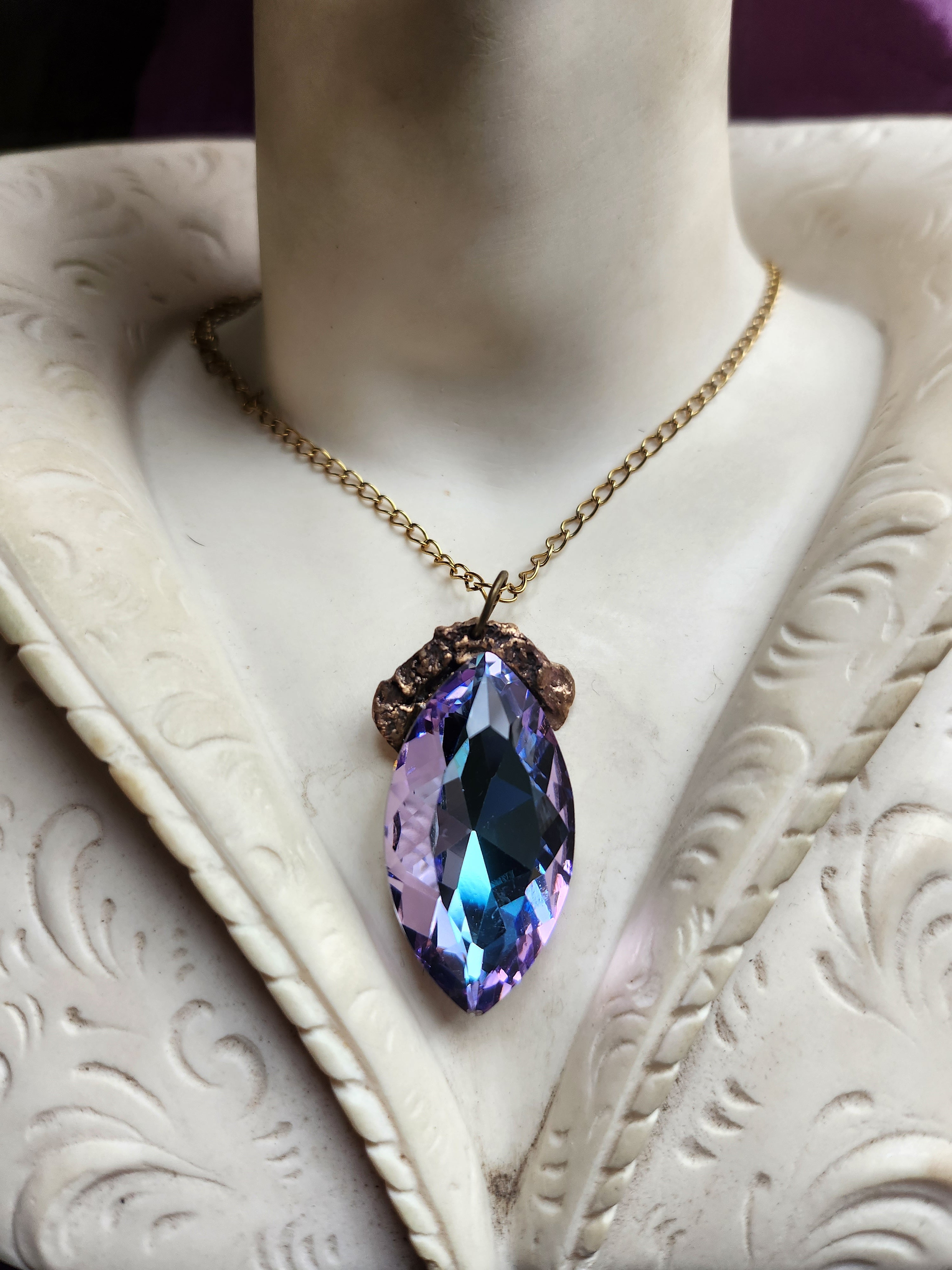 Mystic Baroque Collection - Handmade Bronze Pendant with Blue and Pink Crystal Navette