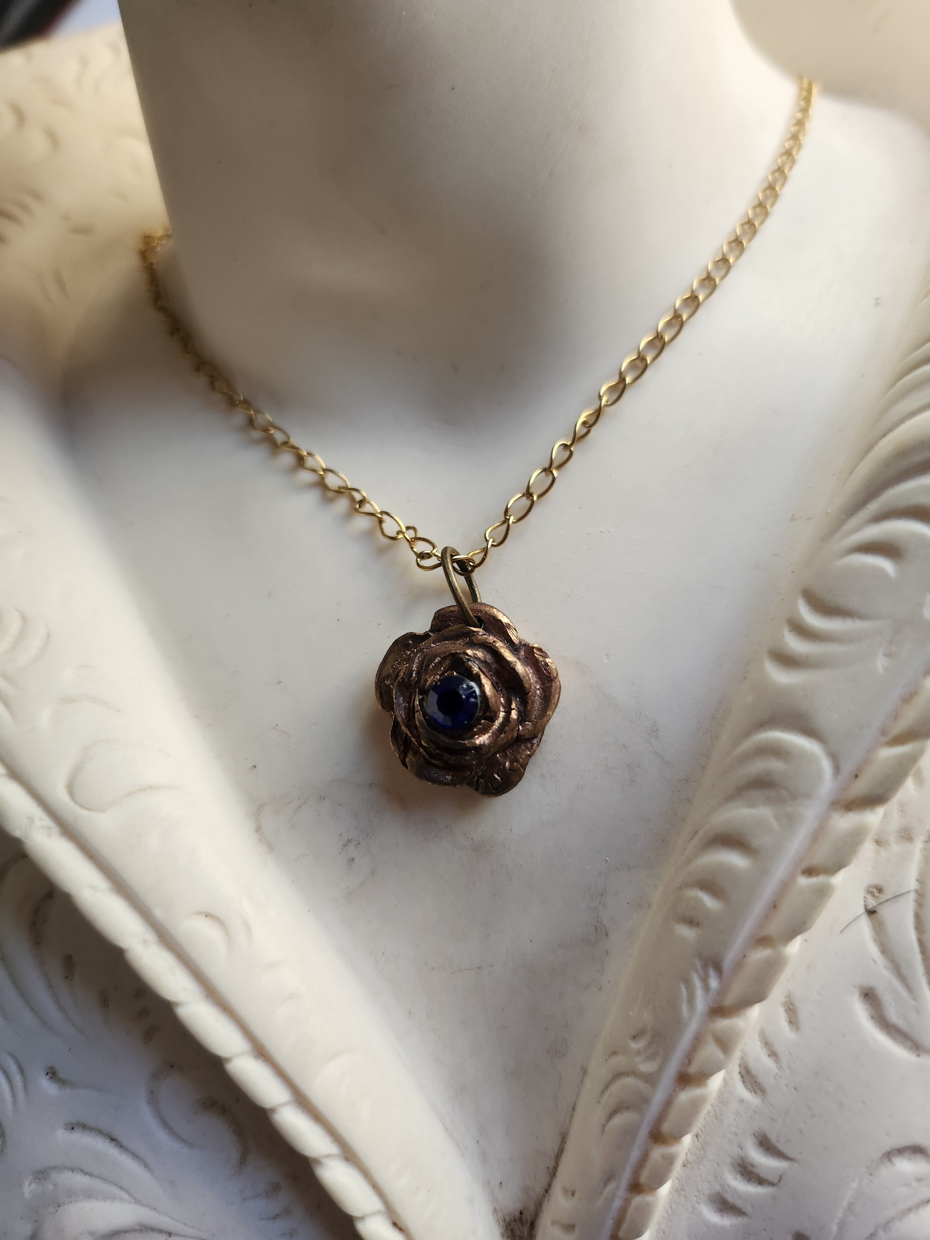 Rosarium Collection - Handmade Bronze Rose Pendant with Royal Blue Crystal