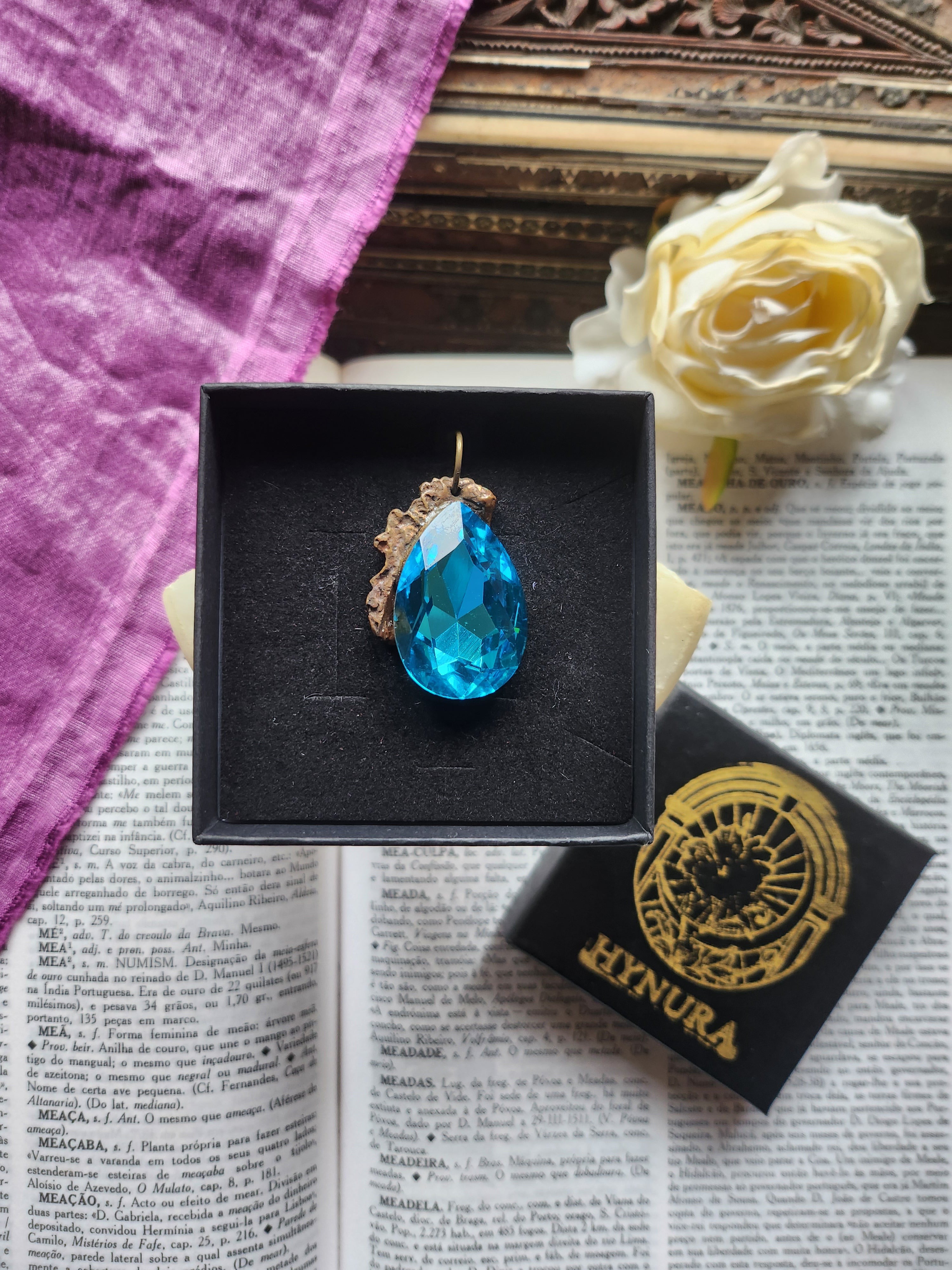 Mystic Baroque Collection – Handmade Bronze Pendant with Blue Teardrop Crystal