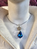 Rosarium Collection Collection - Handmade 999 Silver Rose Pendant with Deep Saphire Blue Crystal
