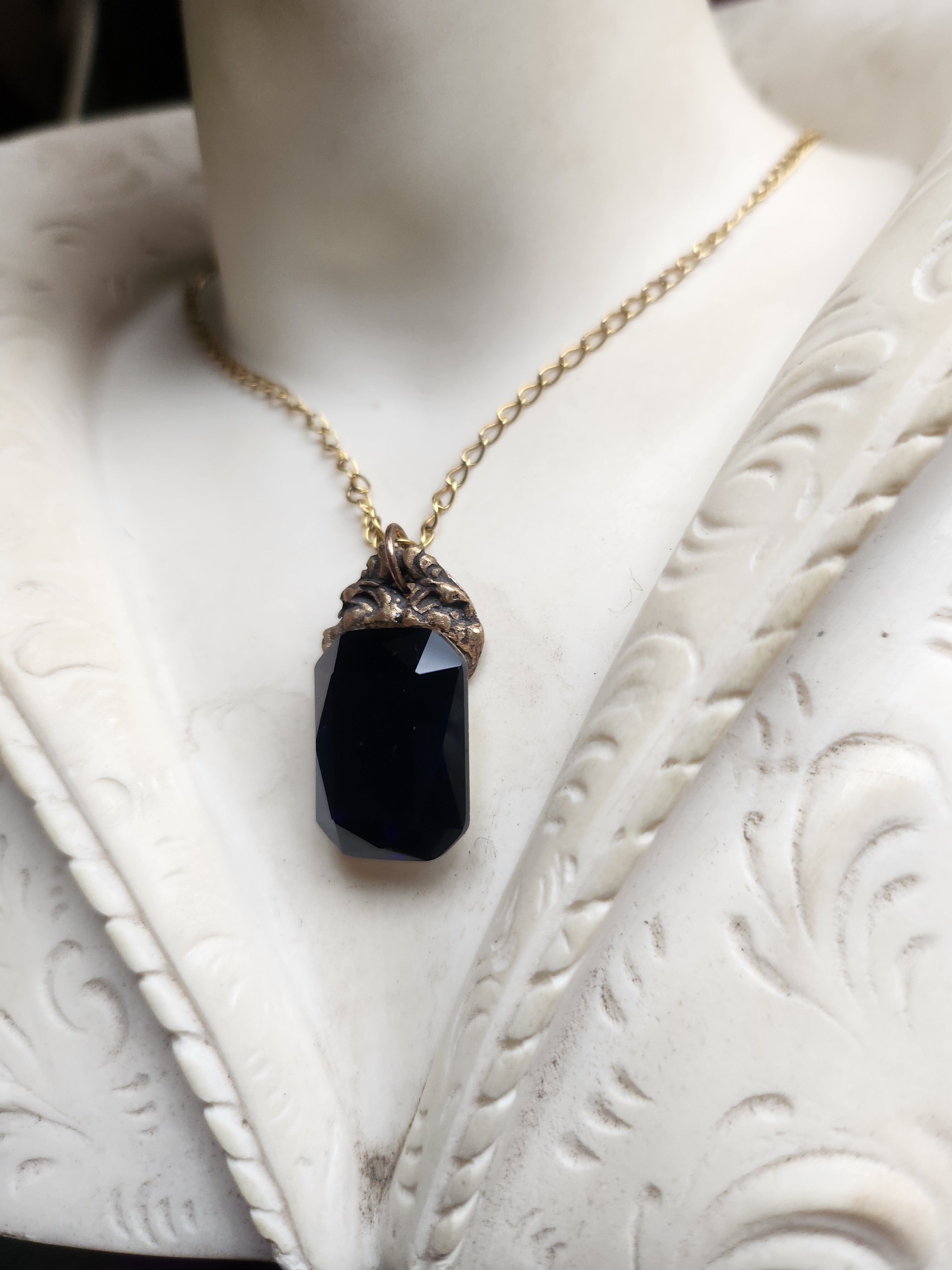 Arcane Resonance Collection - Handmade Bronze Pendant with Midnight Blue Octagon Crystal