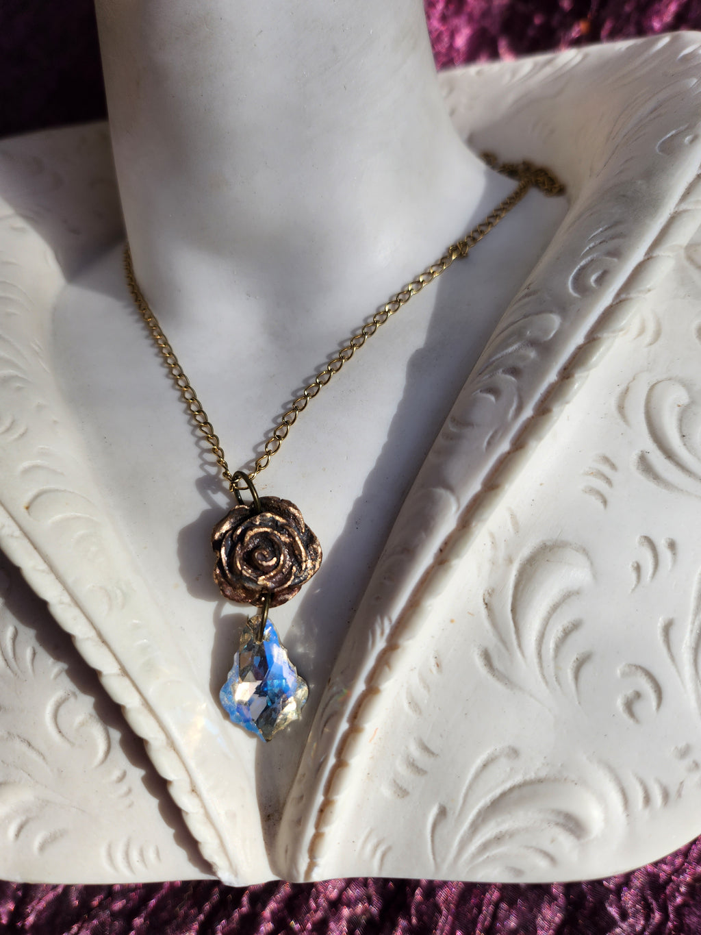 Rosarium Collection Collection - Handmade Bronze Rose Pendant with White Crystal