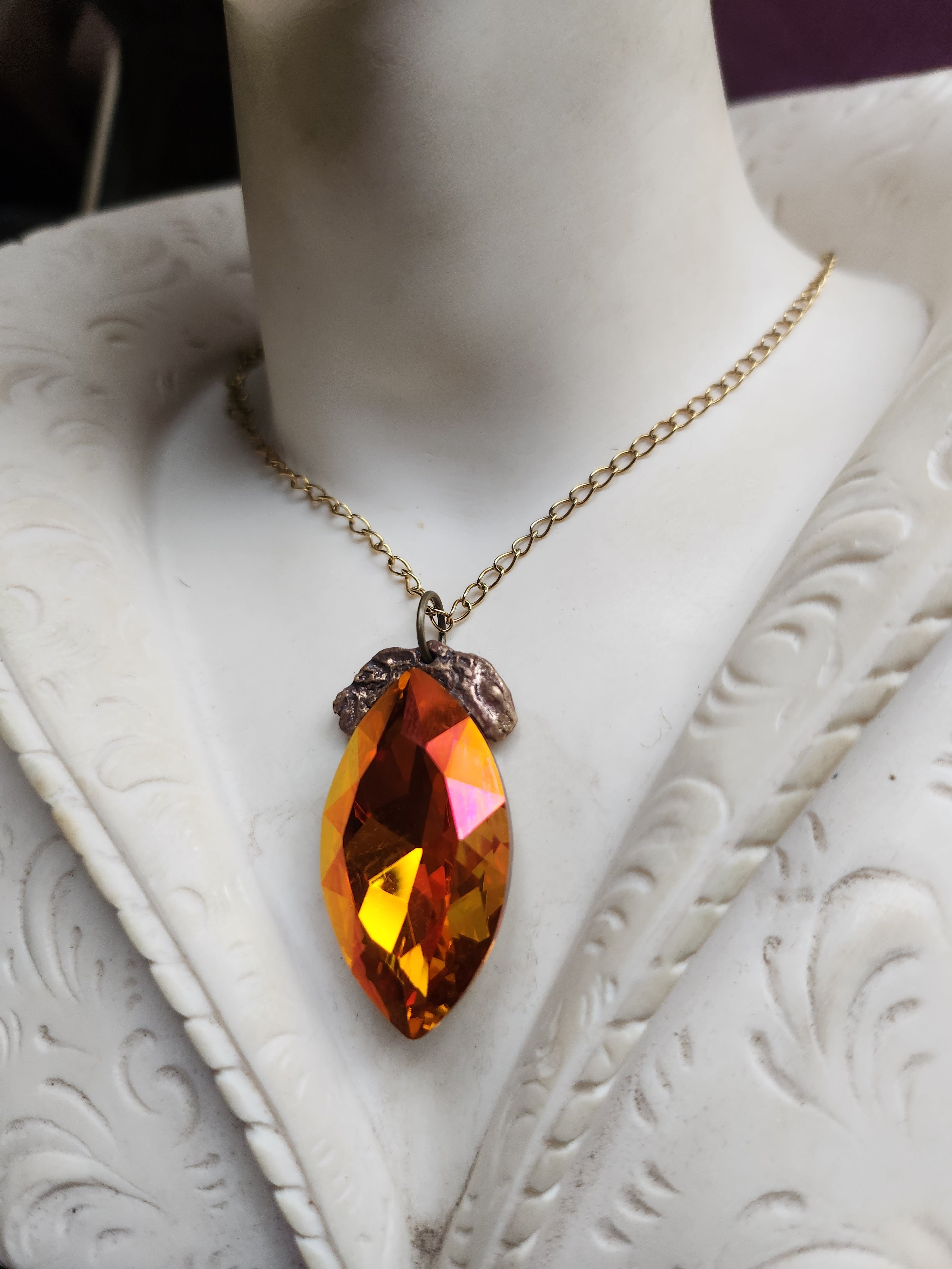 Mystic Baroque Collection - Handmade Bronze Pendant with Fire Opal Crystal Navette