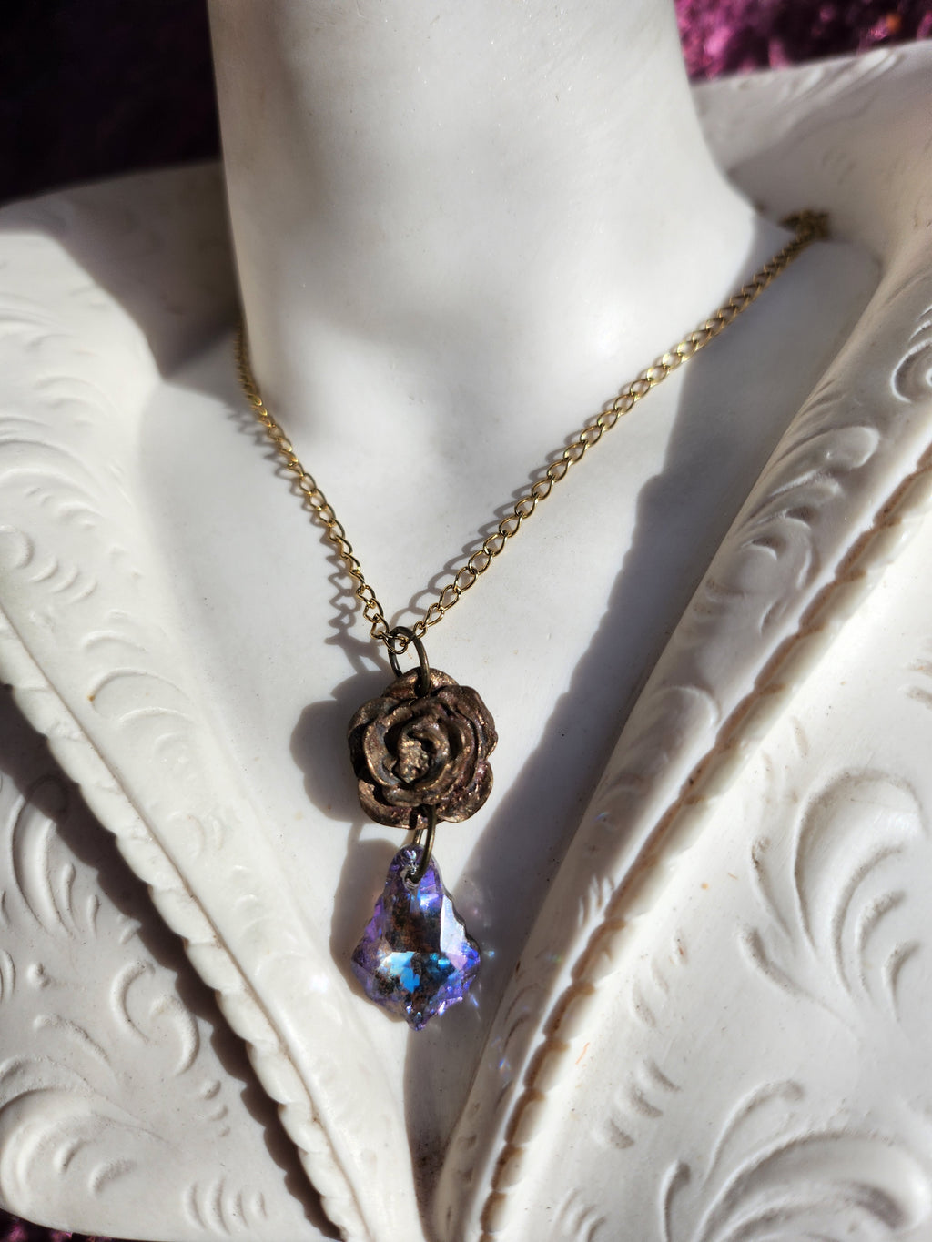 Rosarium Collection Collection - Handmade Bronze Rose Pendant with Lilac Crystal