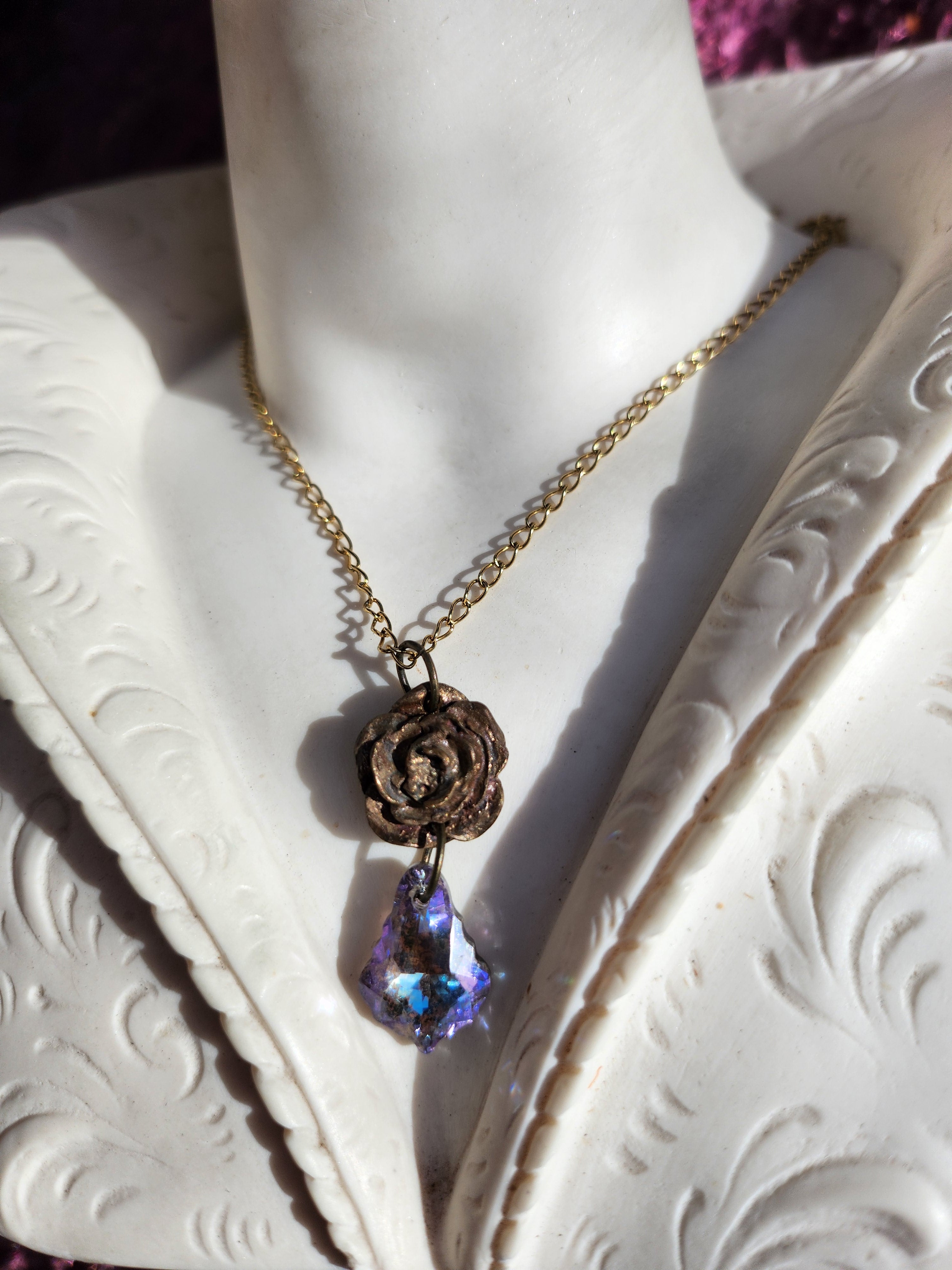 Rosarium Collection Collection - Handmade Bronze Rose Pendant with Lilac Crystal