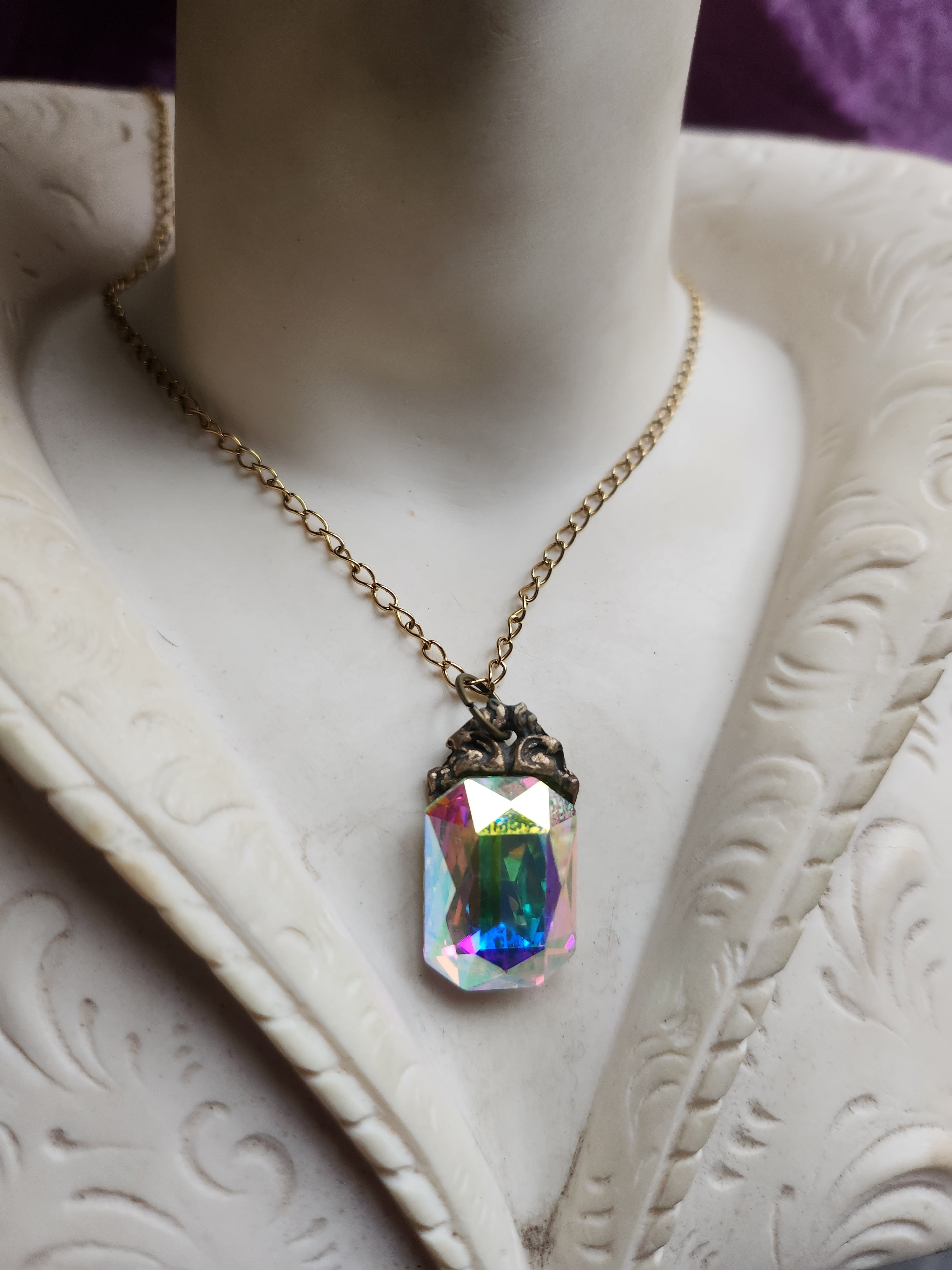 Arcane Resonance Collection - Handmade Bronze Pendant with Iridescent Octagon Crystal