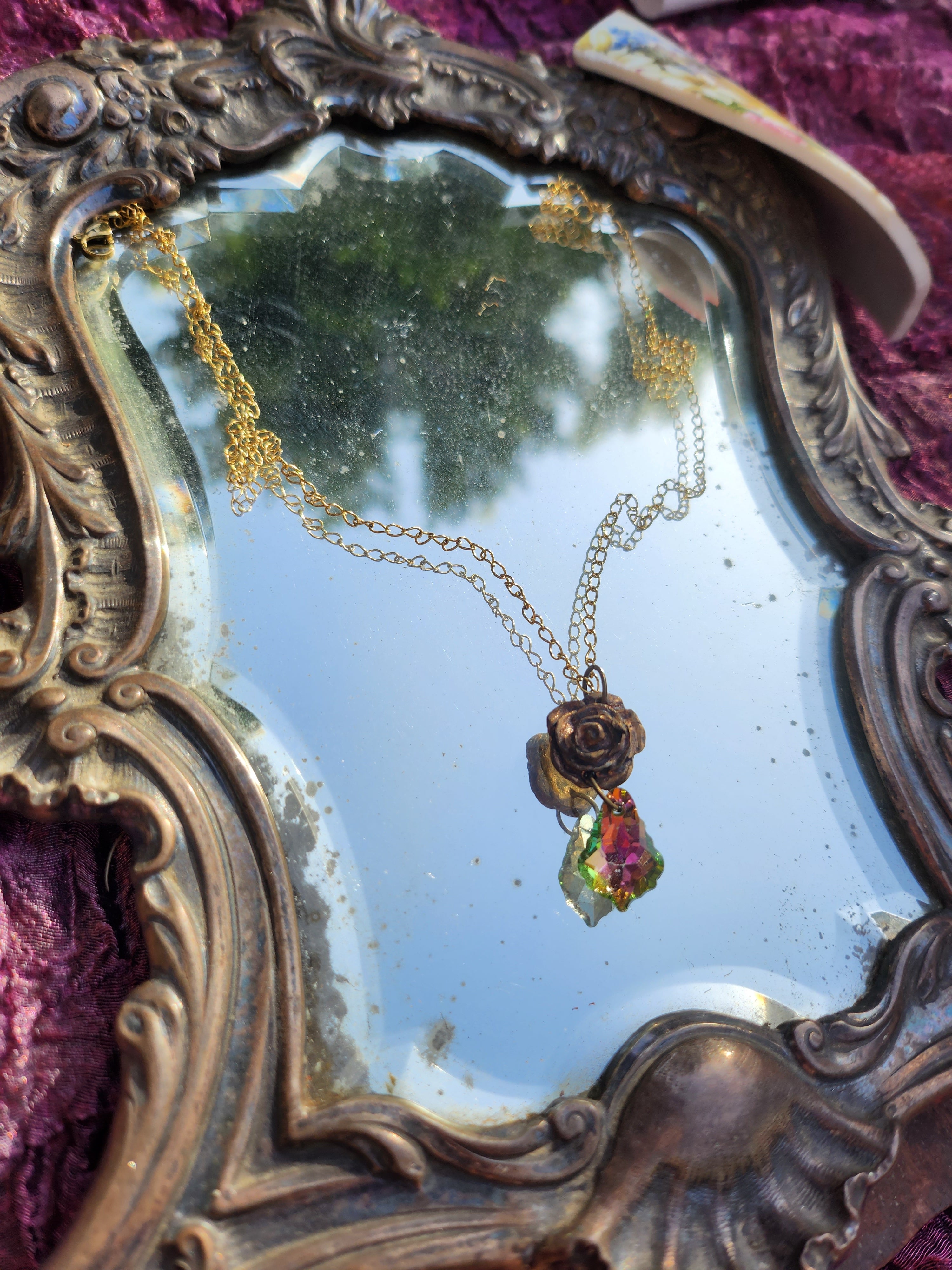 Rosarium Collection Collection - Handmade Bronze Rose Pendant with Green and Pink Crystal