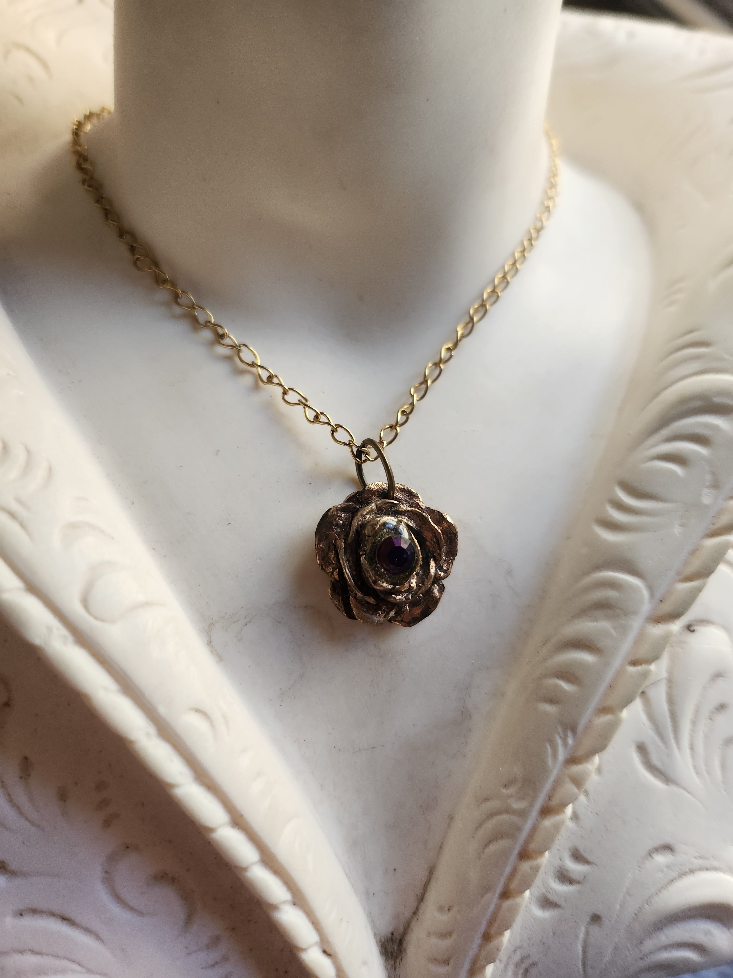 Rosarium Collection - Handmade Bronze Rose Pendant with Multicolor Crystal