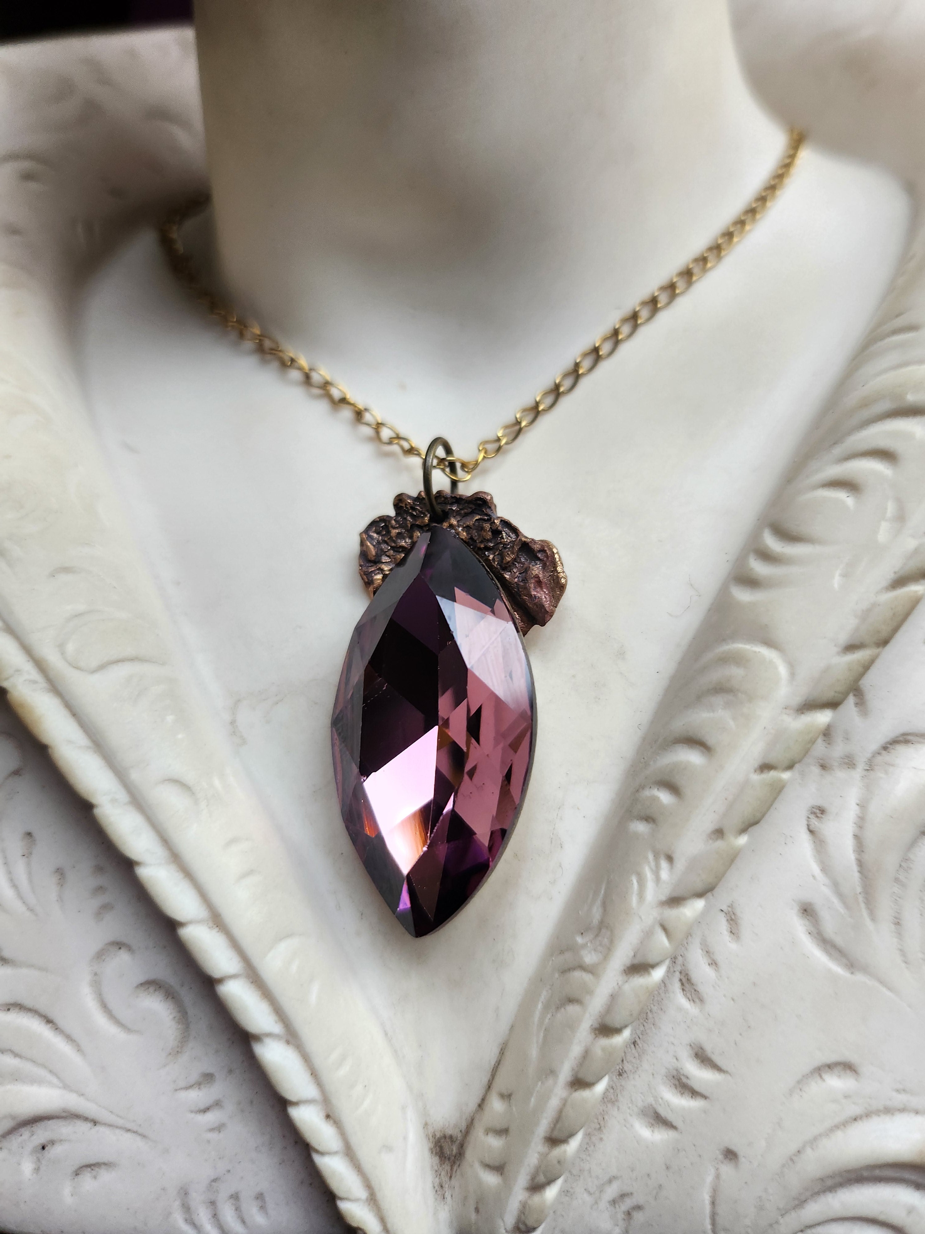 Mystic Baroque Collection - Handmade Bronze Pendant with Dusty Rose Crystal Navette