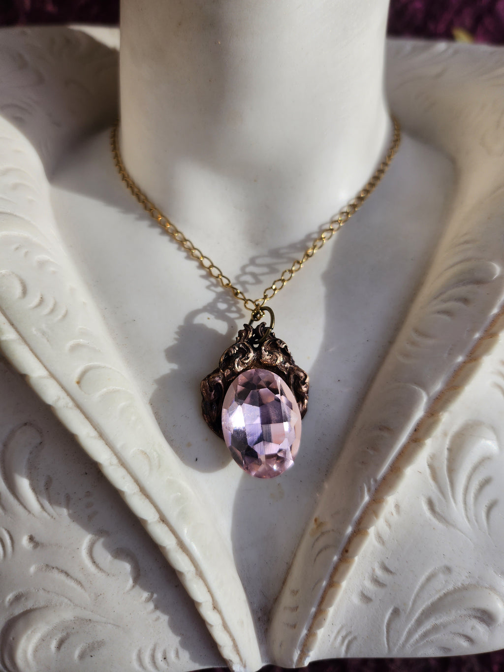 Arcane Resonance Collection – Handmade Bronze Pendant with Light Pink Oval Crystal