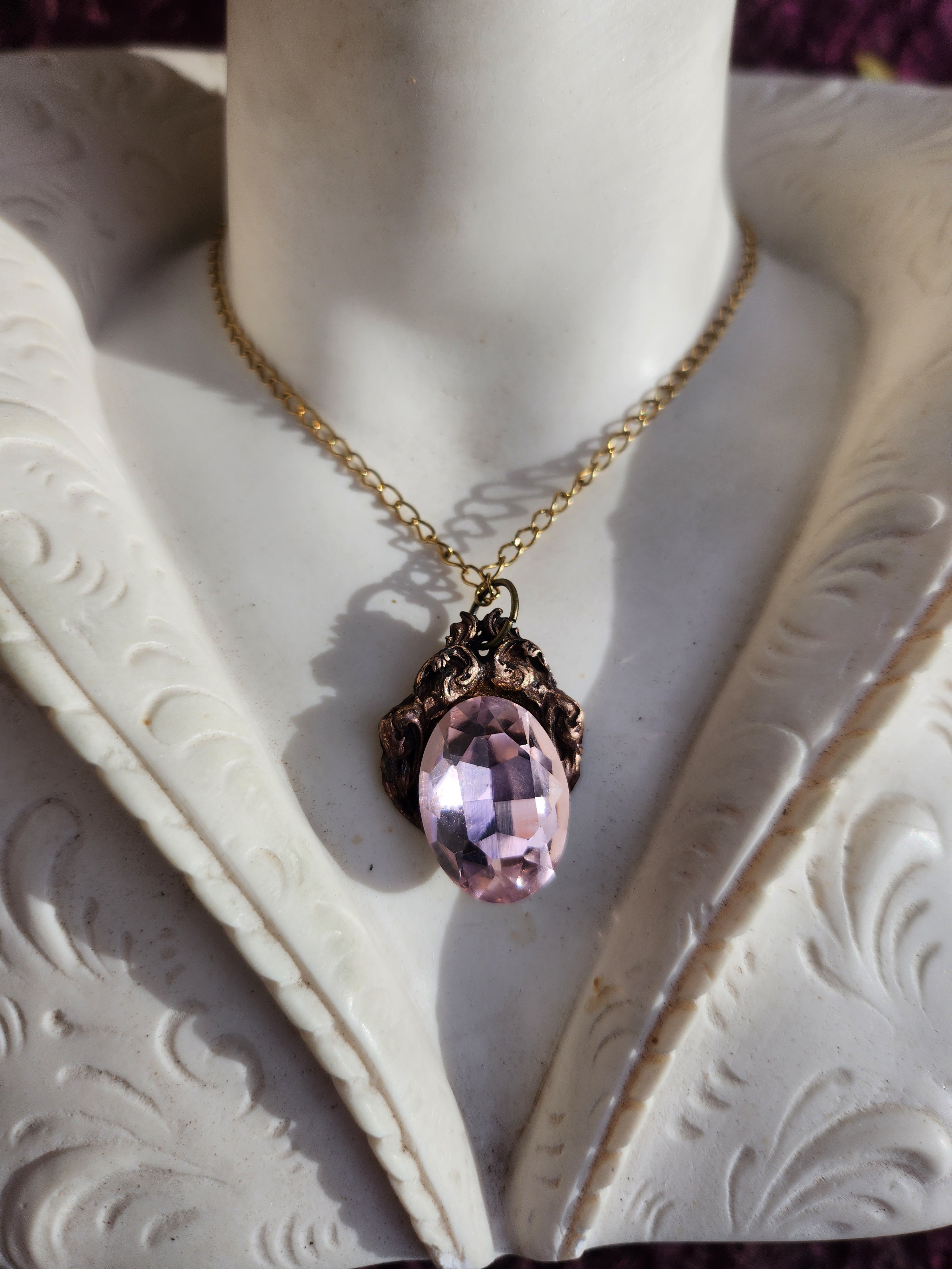Arcane Resonance Collection – Handmade Bronze Pendant with Light Pink Oval Crystal