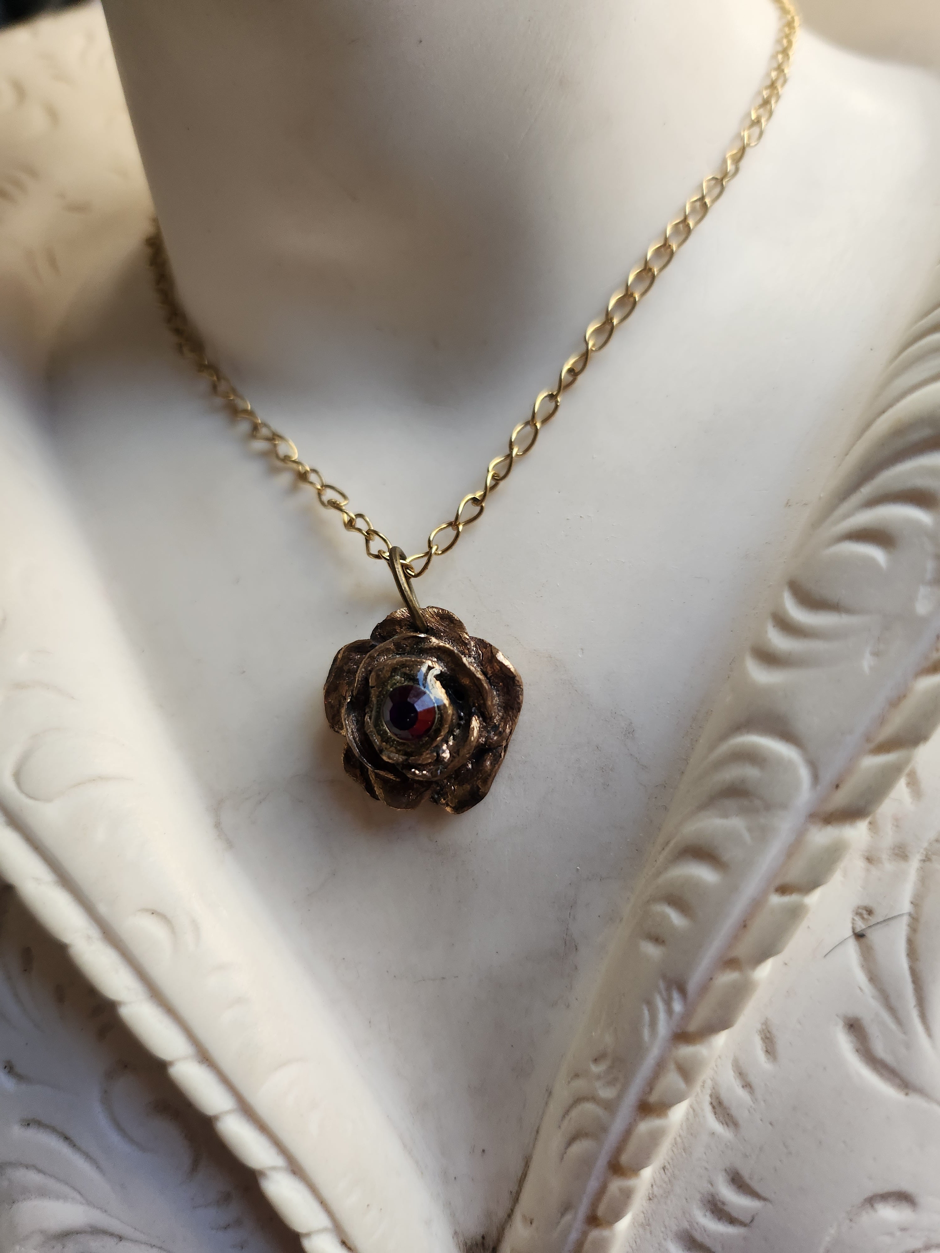 Rosarium Collection - Handmade Bronze Rose Pendant with Multicolor Crystal