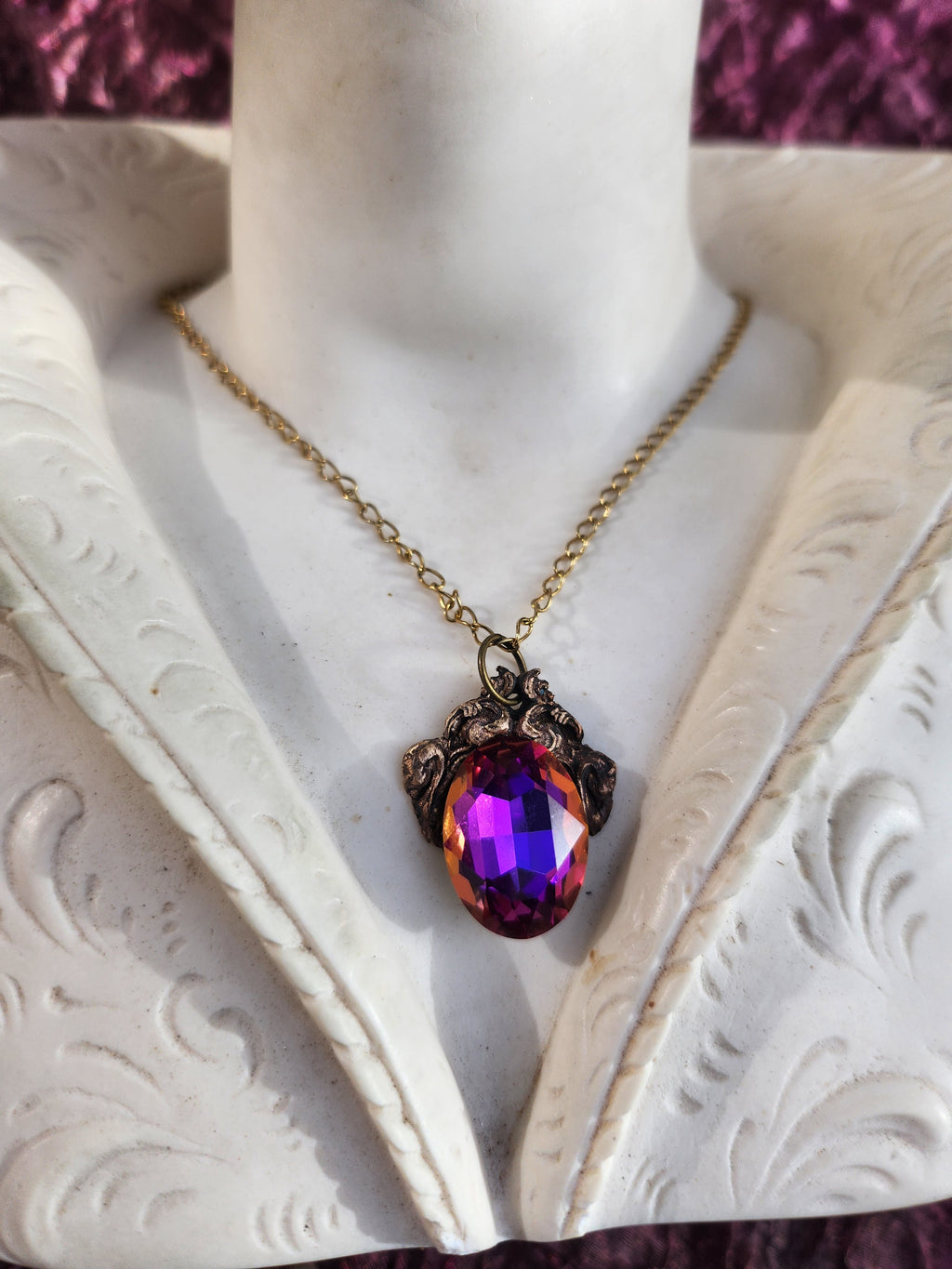 Arcane Resonance Collection – Handmade Bronze Pendant with Purple, Fuchsia and Amber Oval Crystal