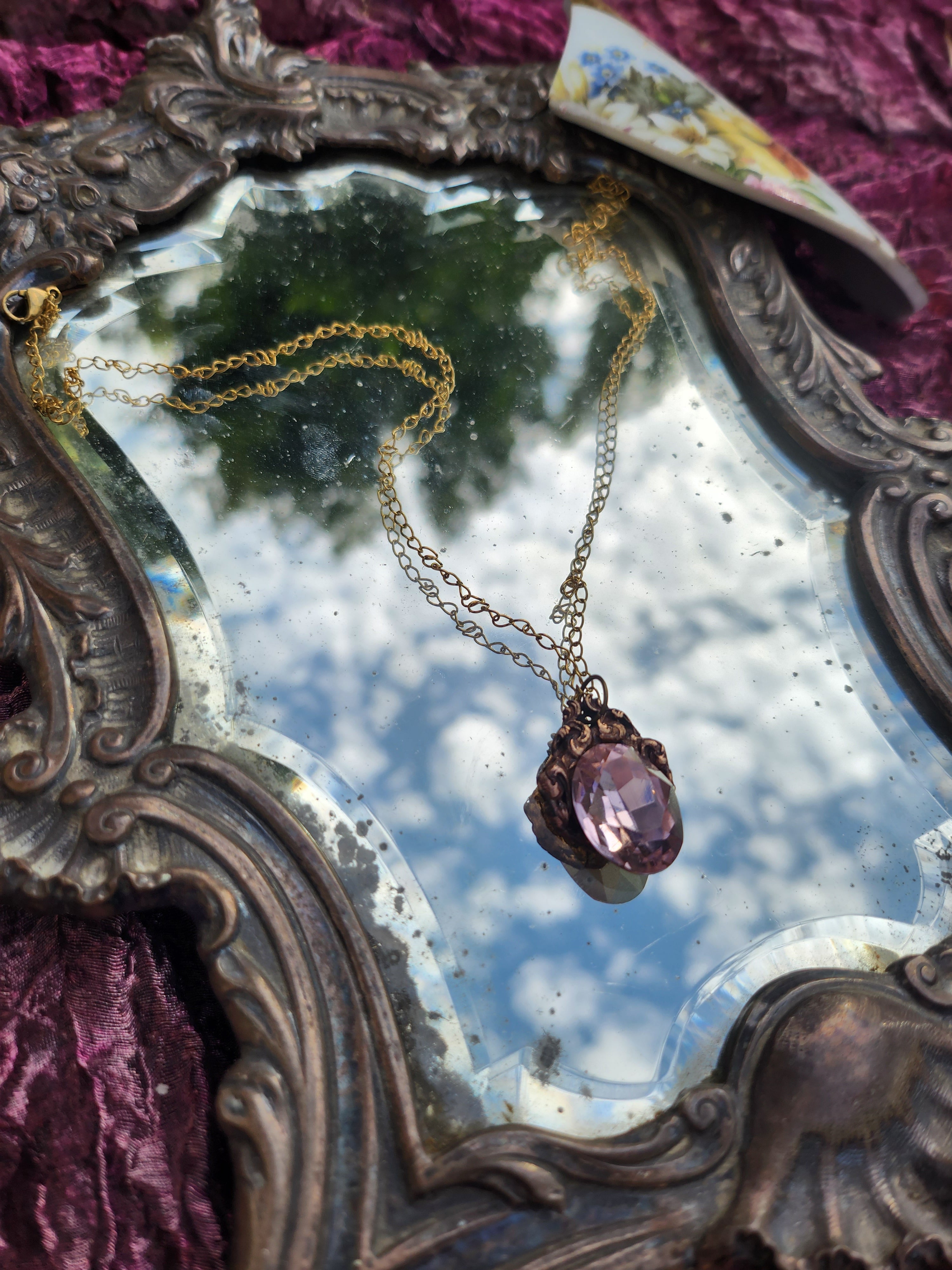 Arcane Resonance Collection – Handmade Bronze Pendant with Light Pink Oval Crystal