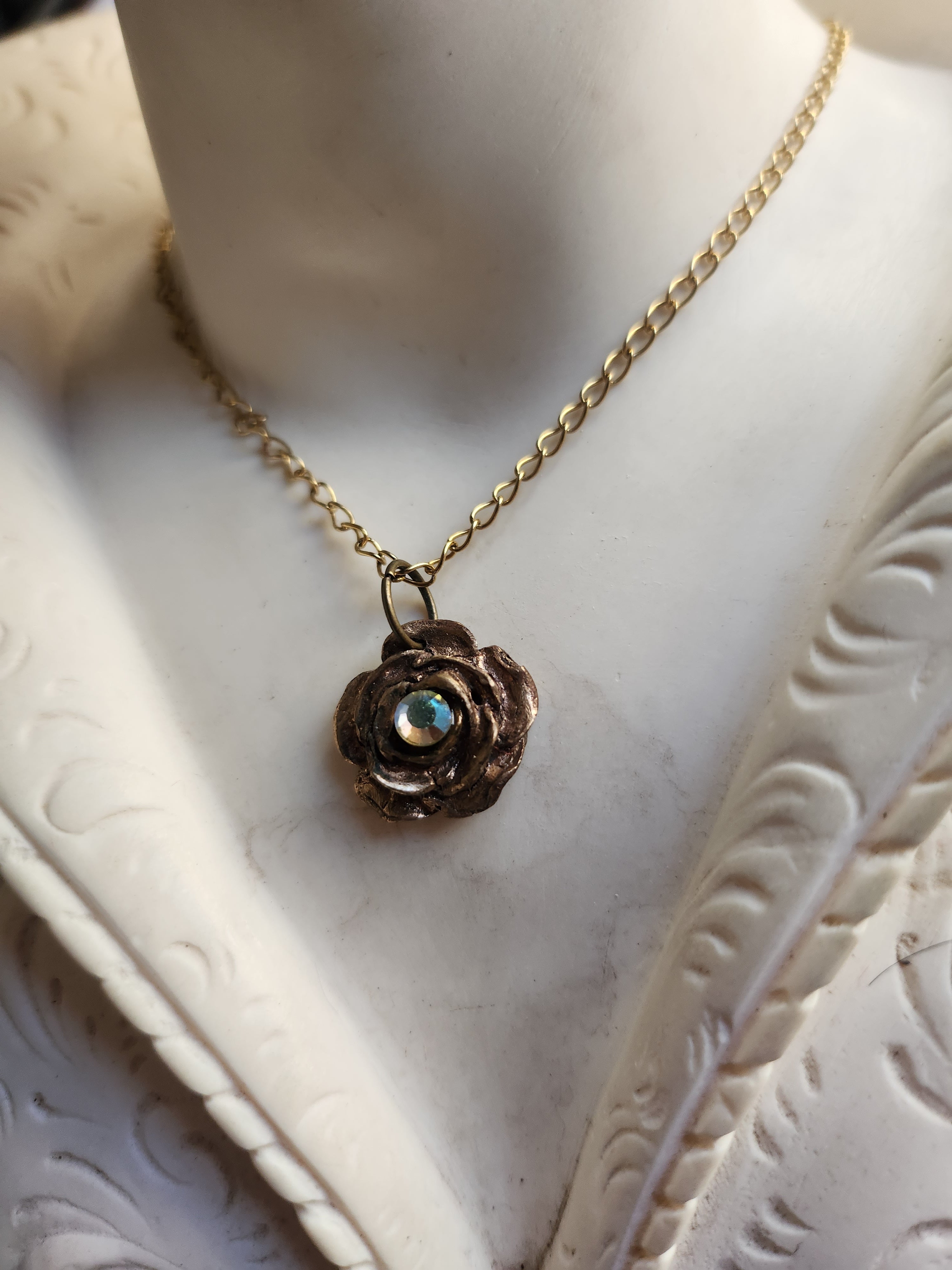 Rosarium Collection- Handmade Bronze Rose Pendant with Yellow Opal Crystal