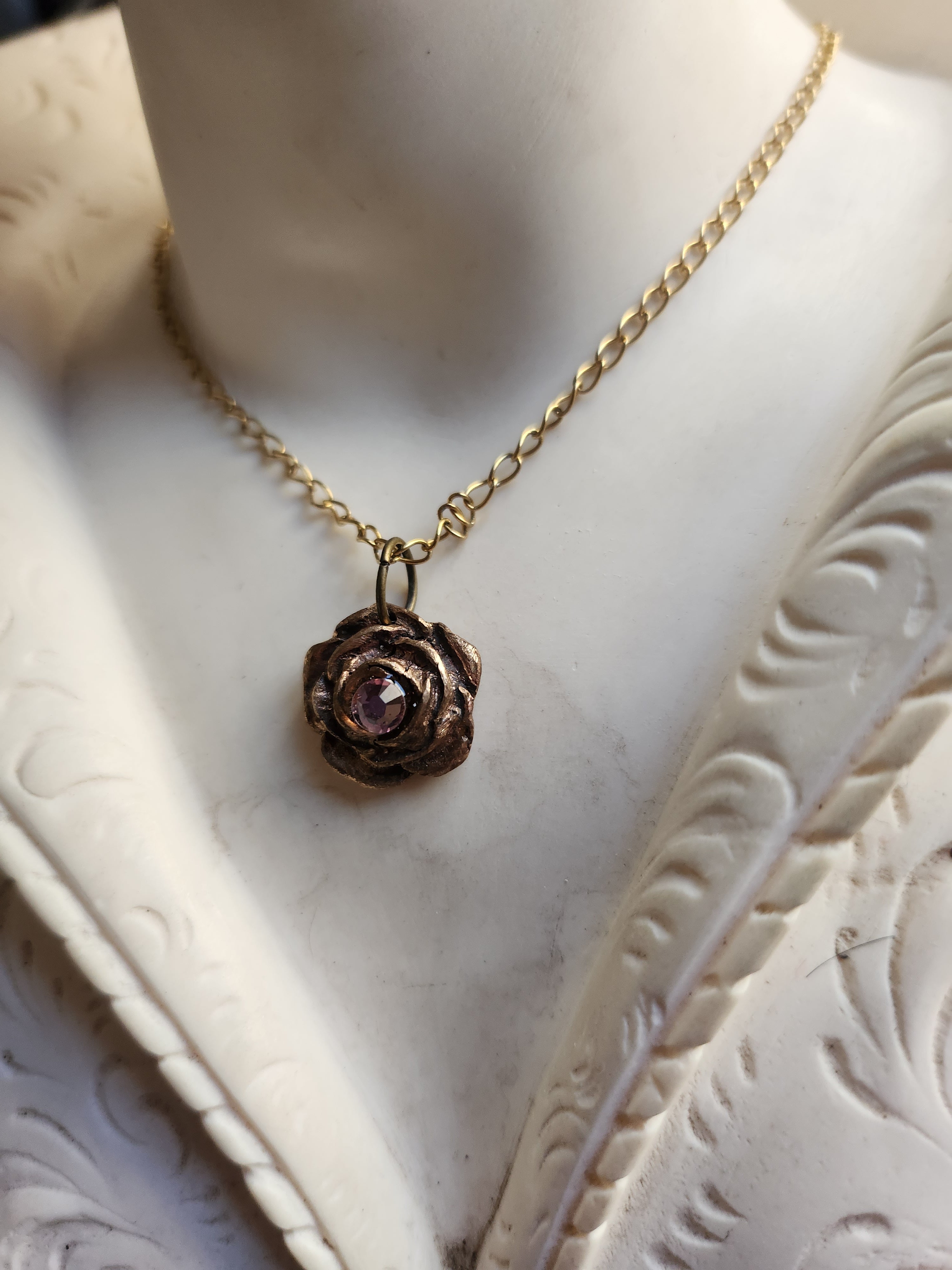 Rosarium Collection- Handmade Bronze Rose Pendant with Light Pink Crystal