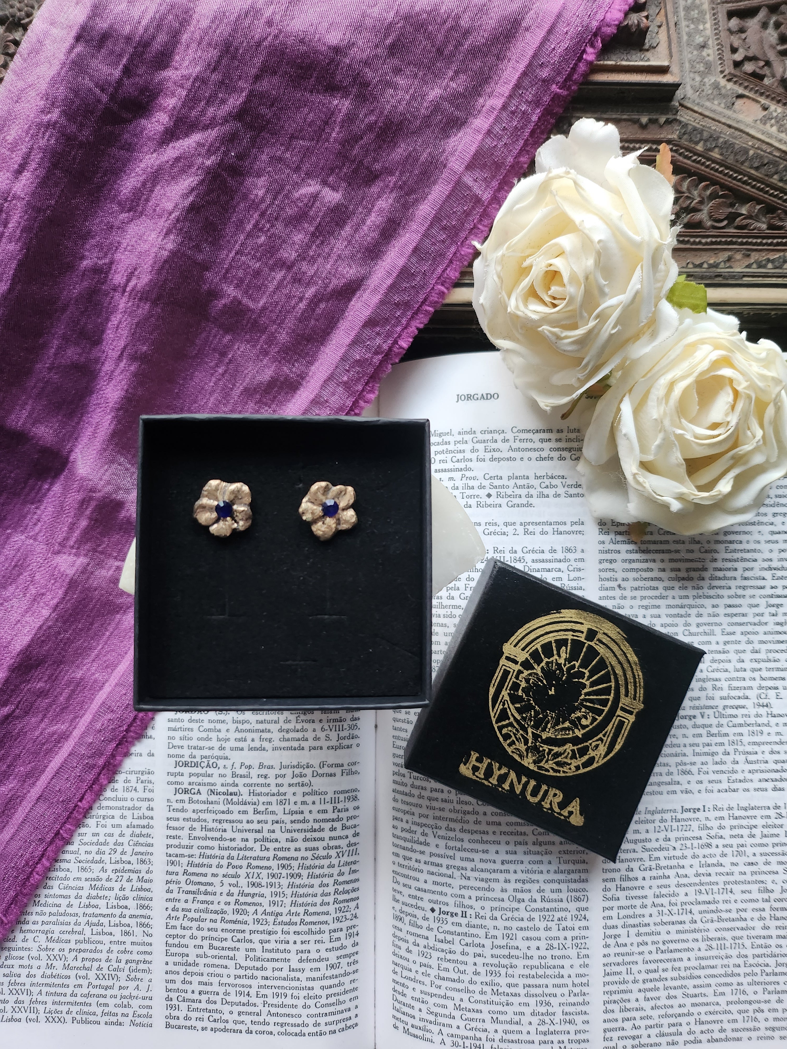 Eternal Bloom Collection – Handmade Bronze Flower Earrings with Royal Blue Crystal