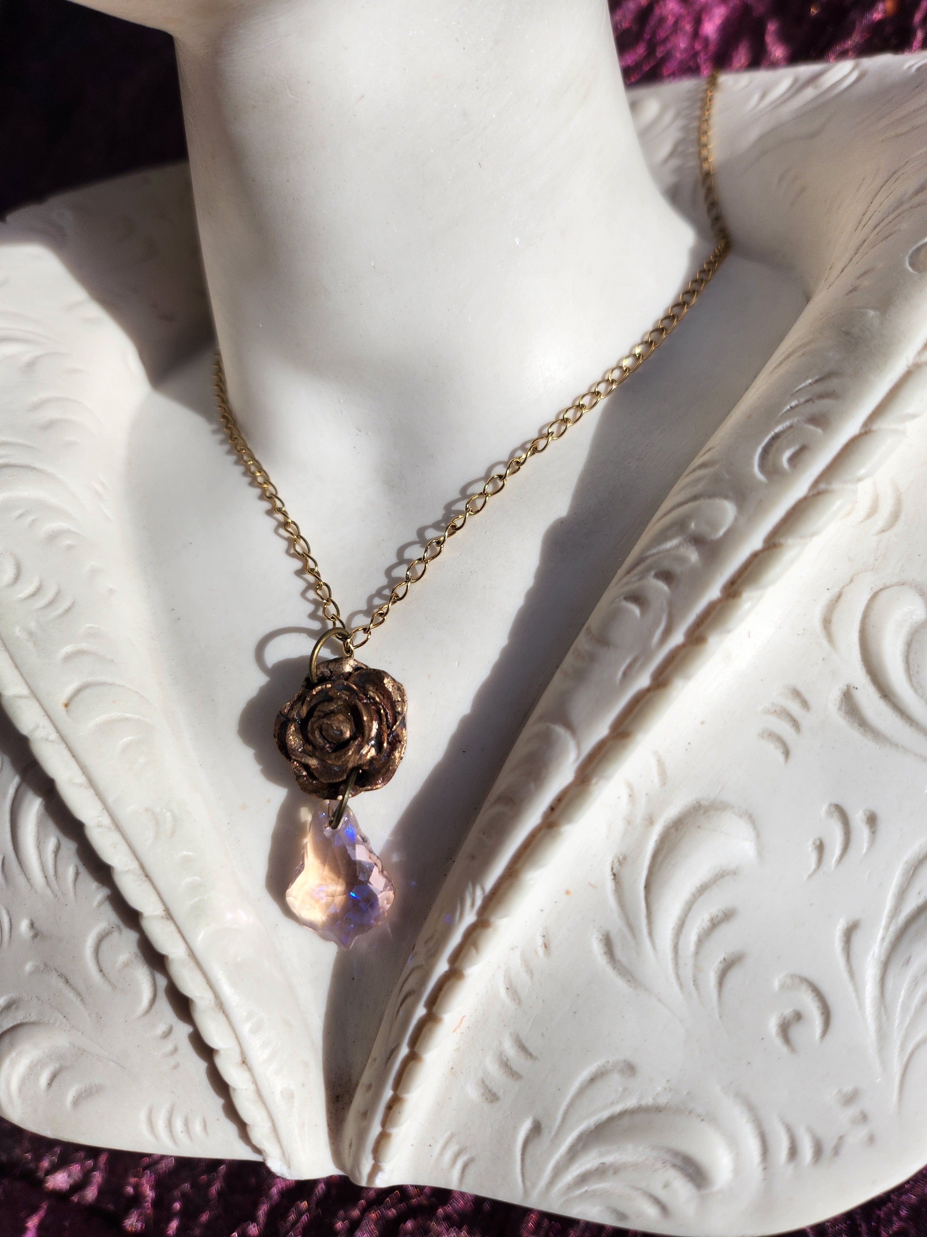 Rosarium Collection Collection - Handmade Bronze Rose Pendant with Pink Crystal