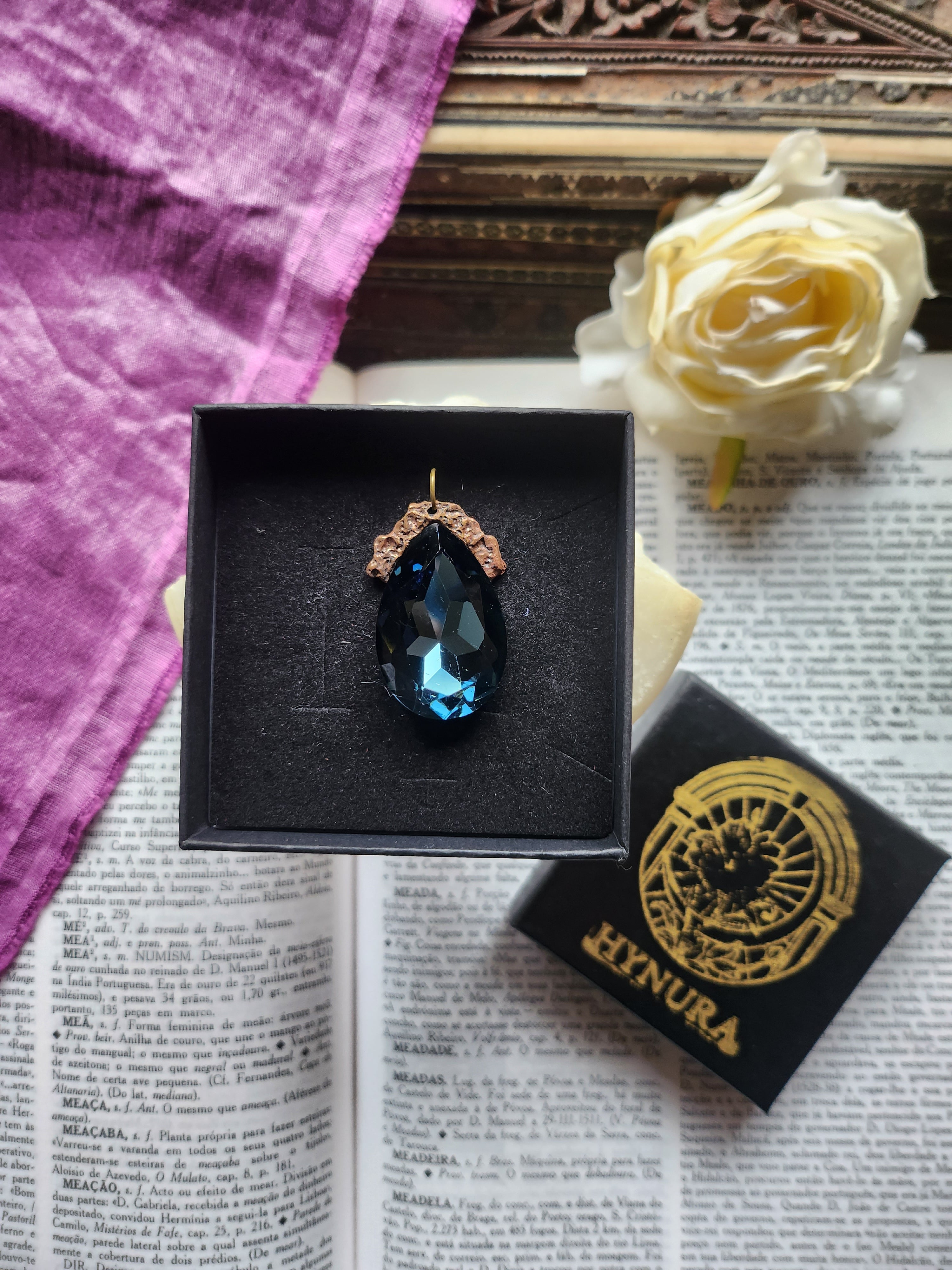 Mystic Baroque Collection - Handmade Bronze Pendant with Teel Teardrop Crystal