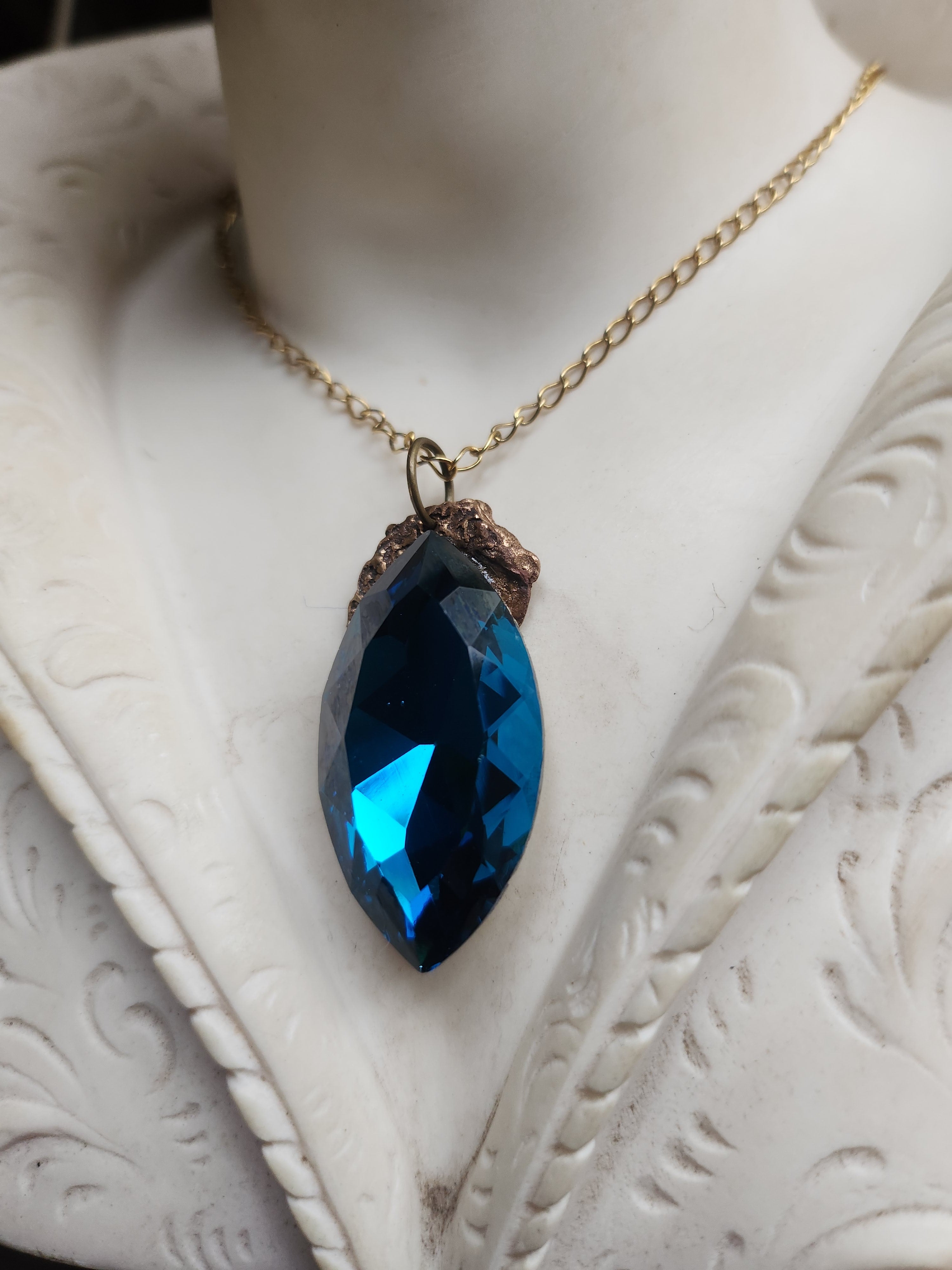 Mystic Baroque Collection - Handmade Bronze Pendant with Blue Crystal Navette