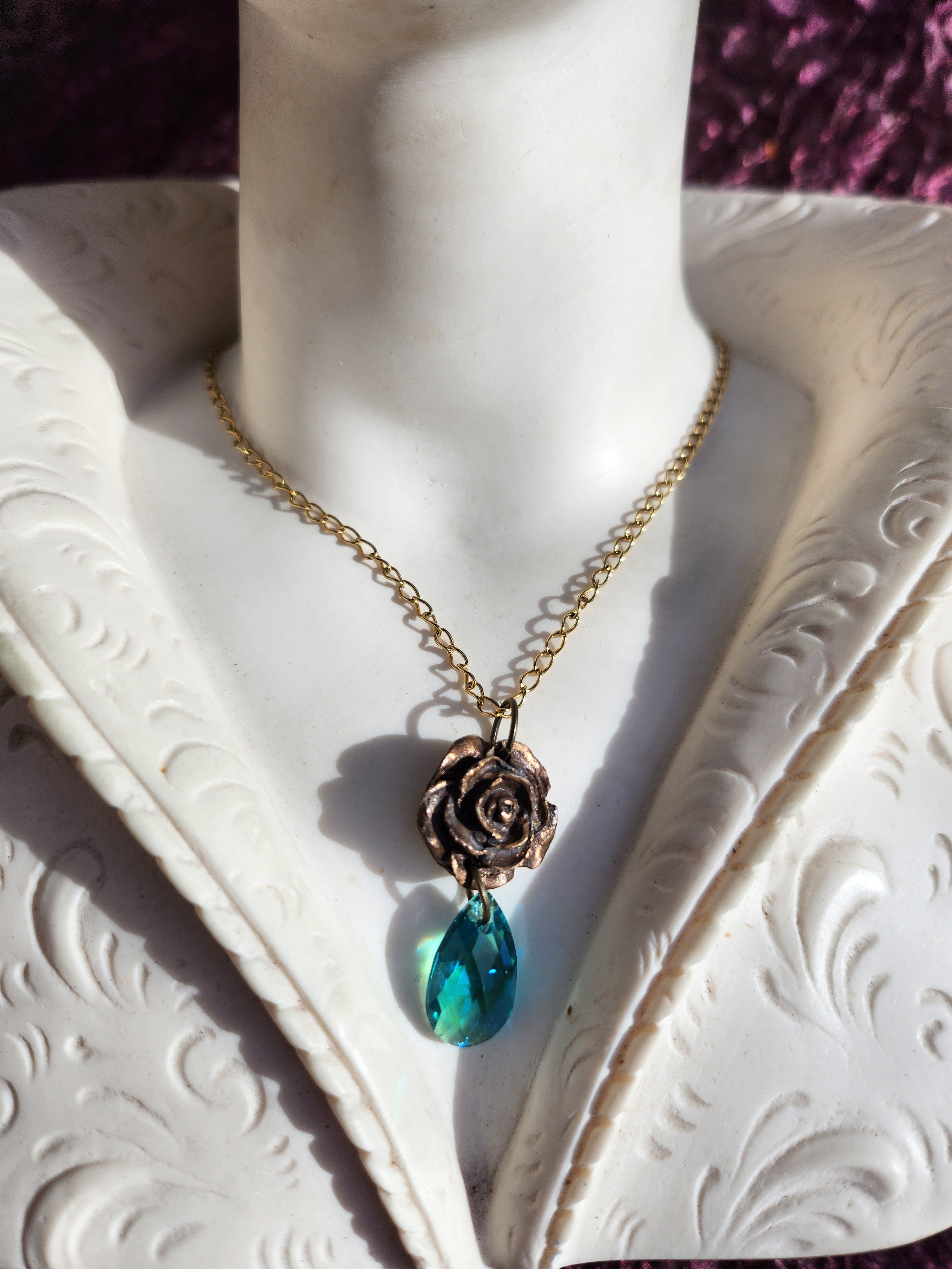 Rosarium Collection Collection - Handmade Bronze Rose Pendant Emerald Blue Crystal