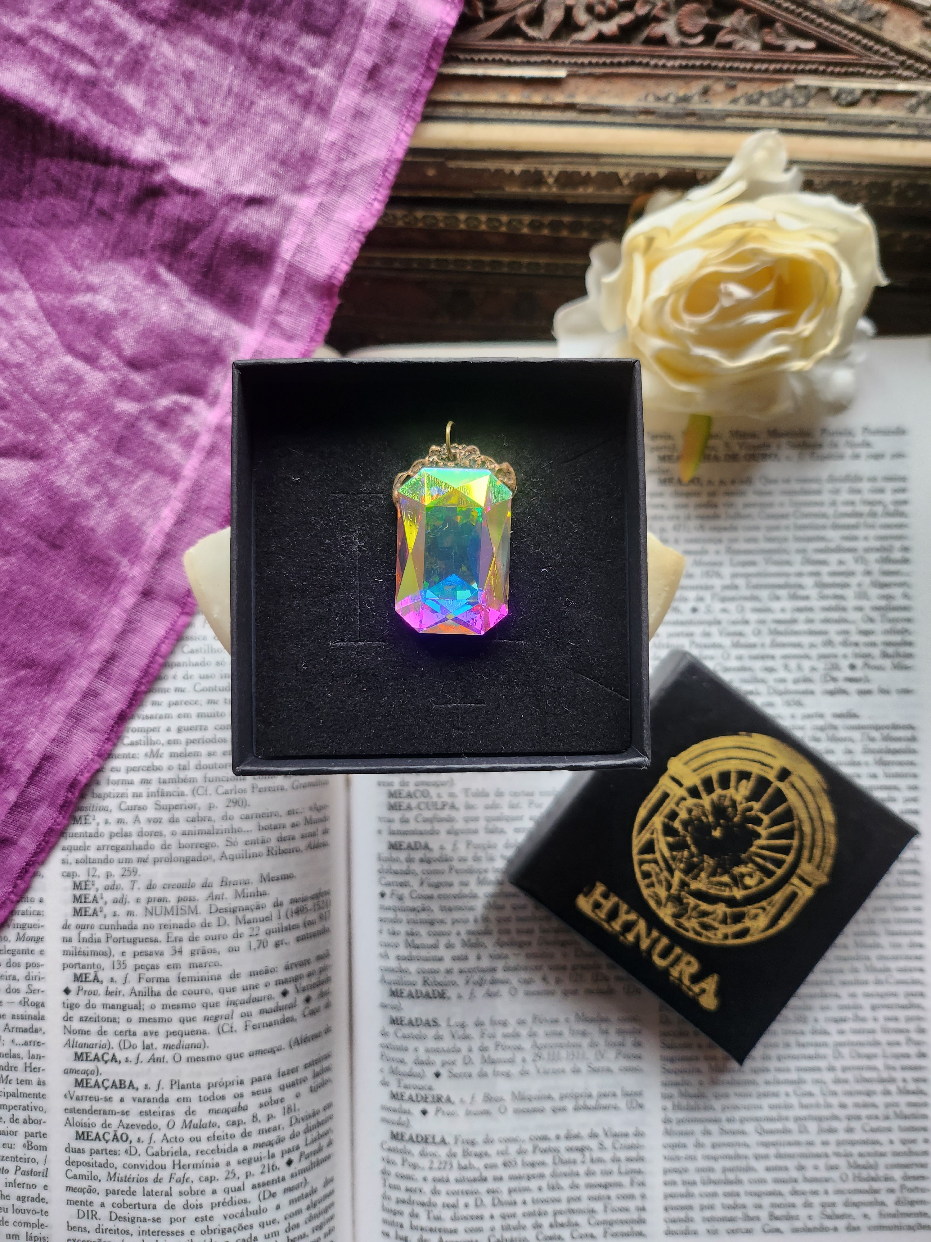 Mystic Baroque Collection – Handmade Bronze Pendant with Iridescent Octagon Crystal