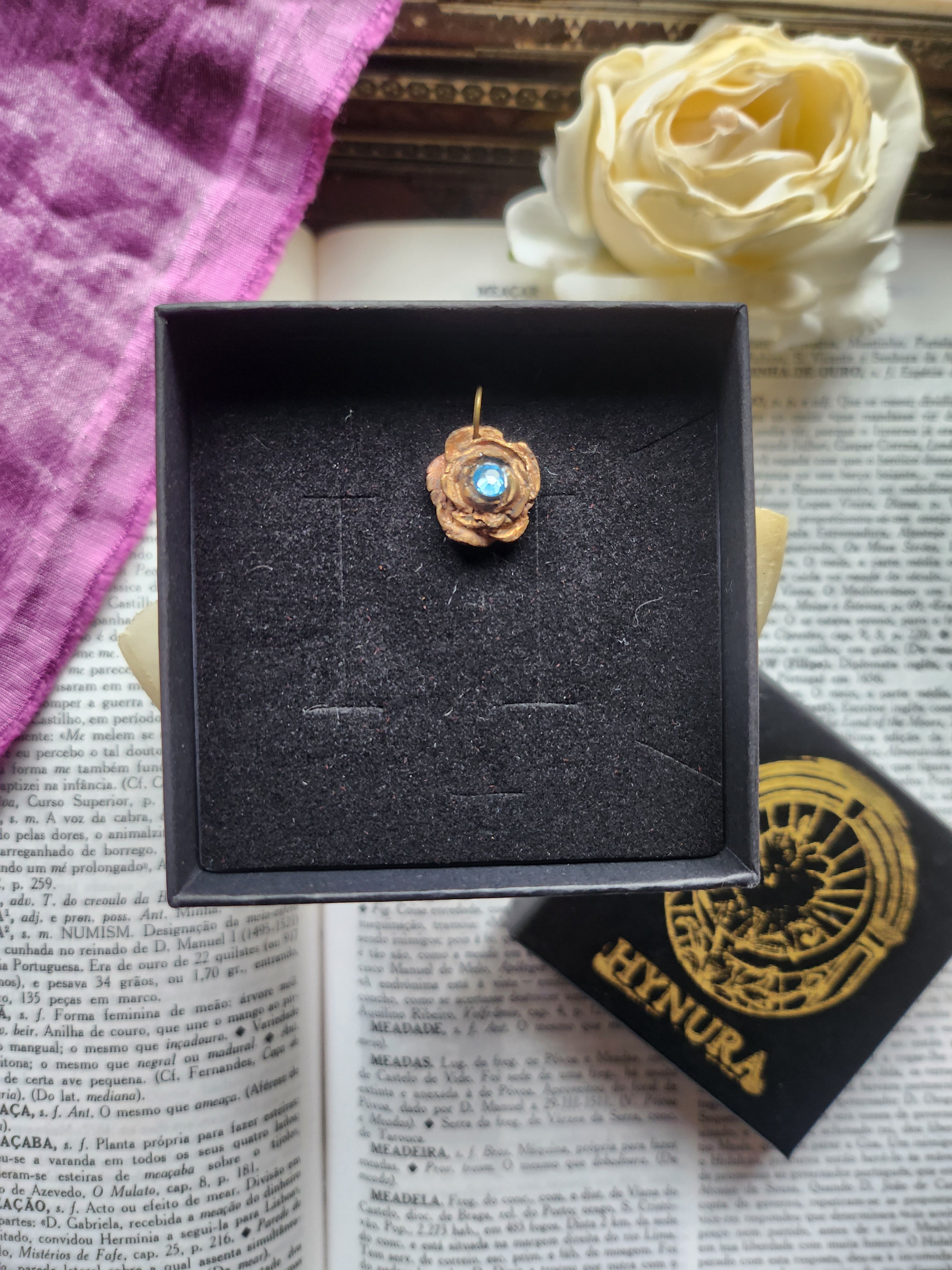 Rosarium Collection - Handmade Bronze Rose Pendant with Light Blue Crystal