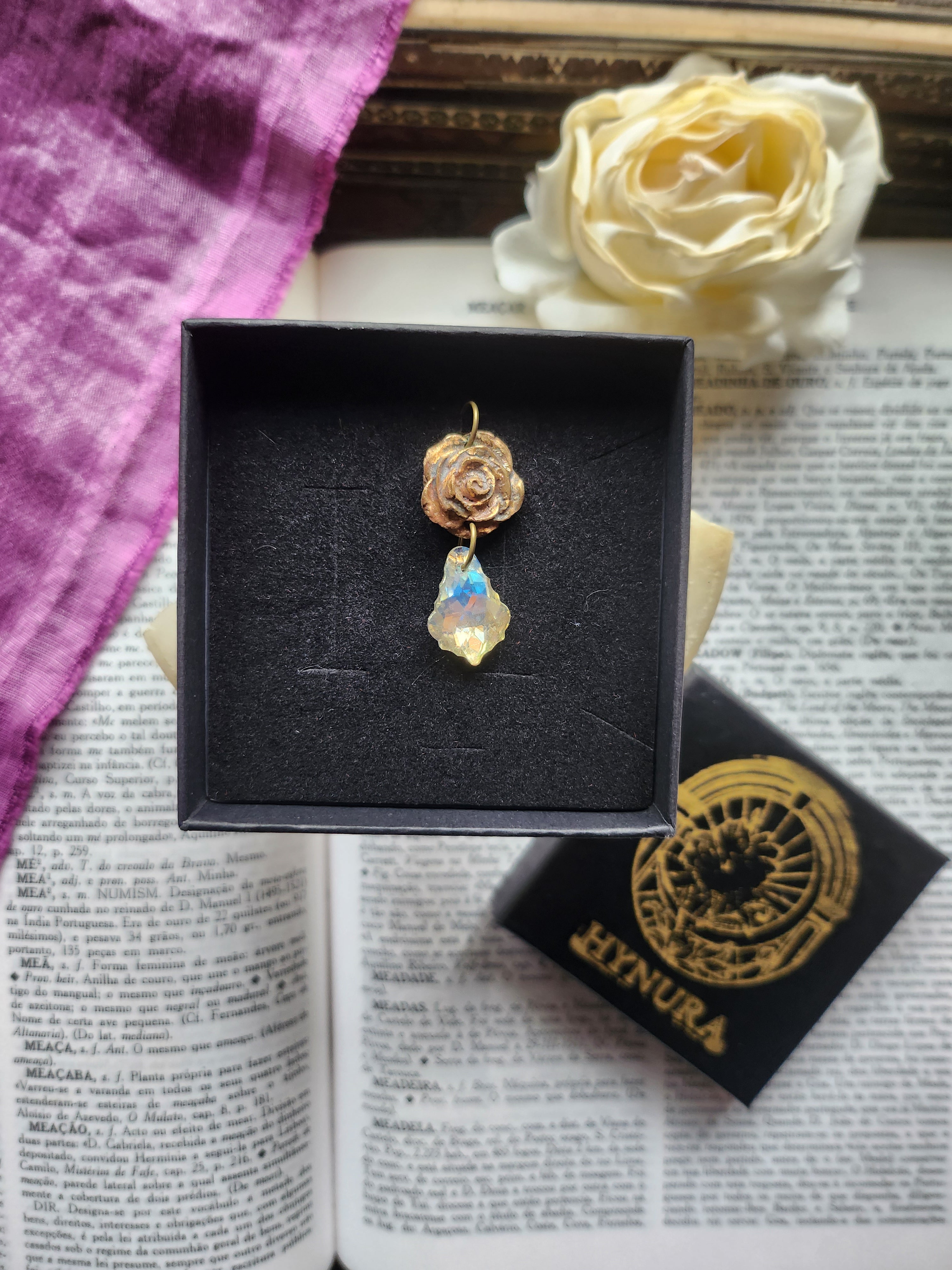 Rosarium Collection - Handmade Bronze Rose Pendant with White Crystal