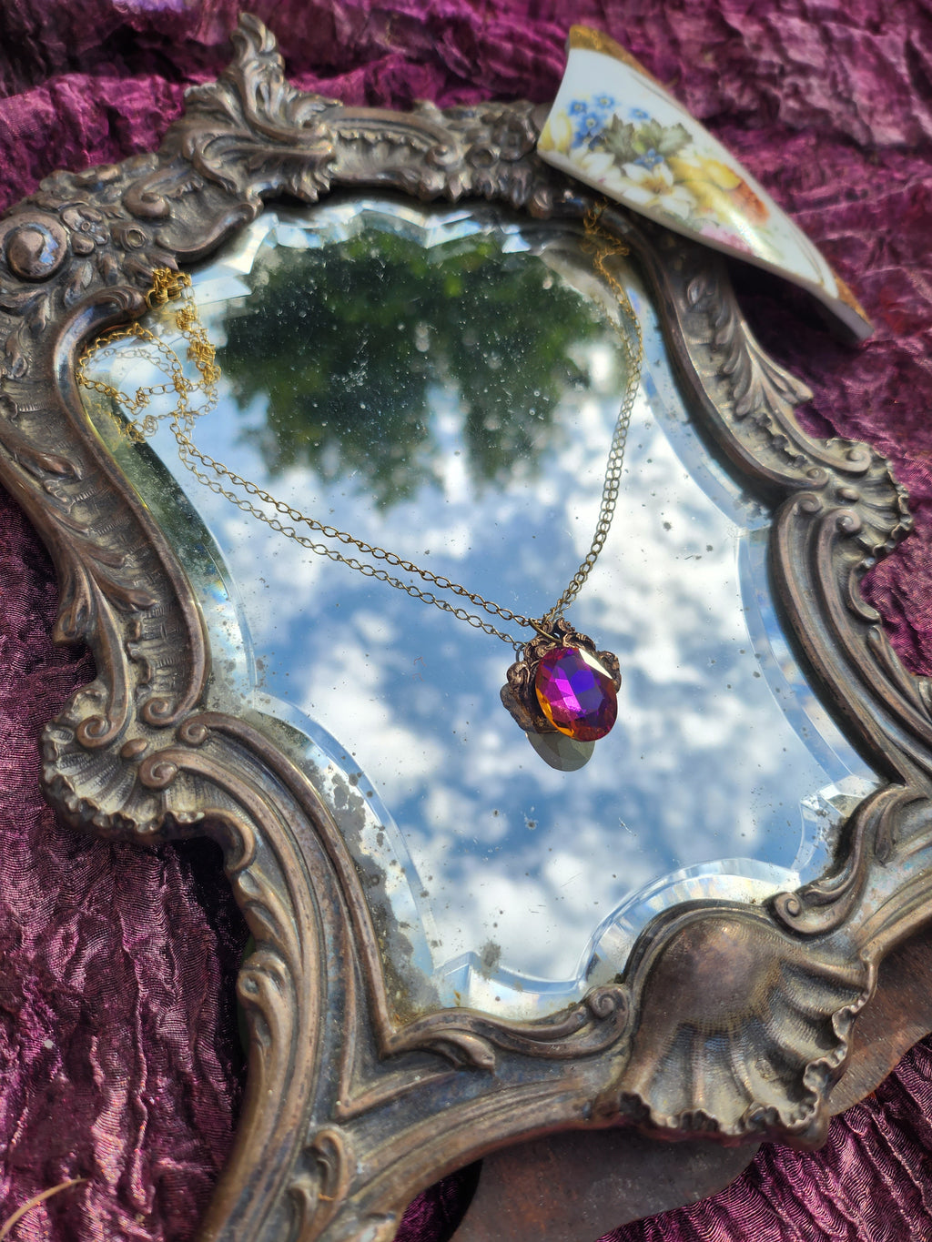Arcane Resonance Collection – Handmade Bronze Pendant with Purple, Fuchsia and Amber Oval Crystal