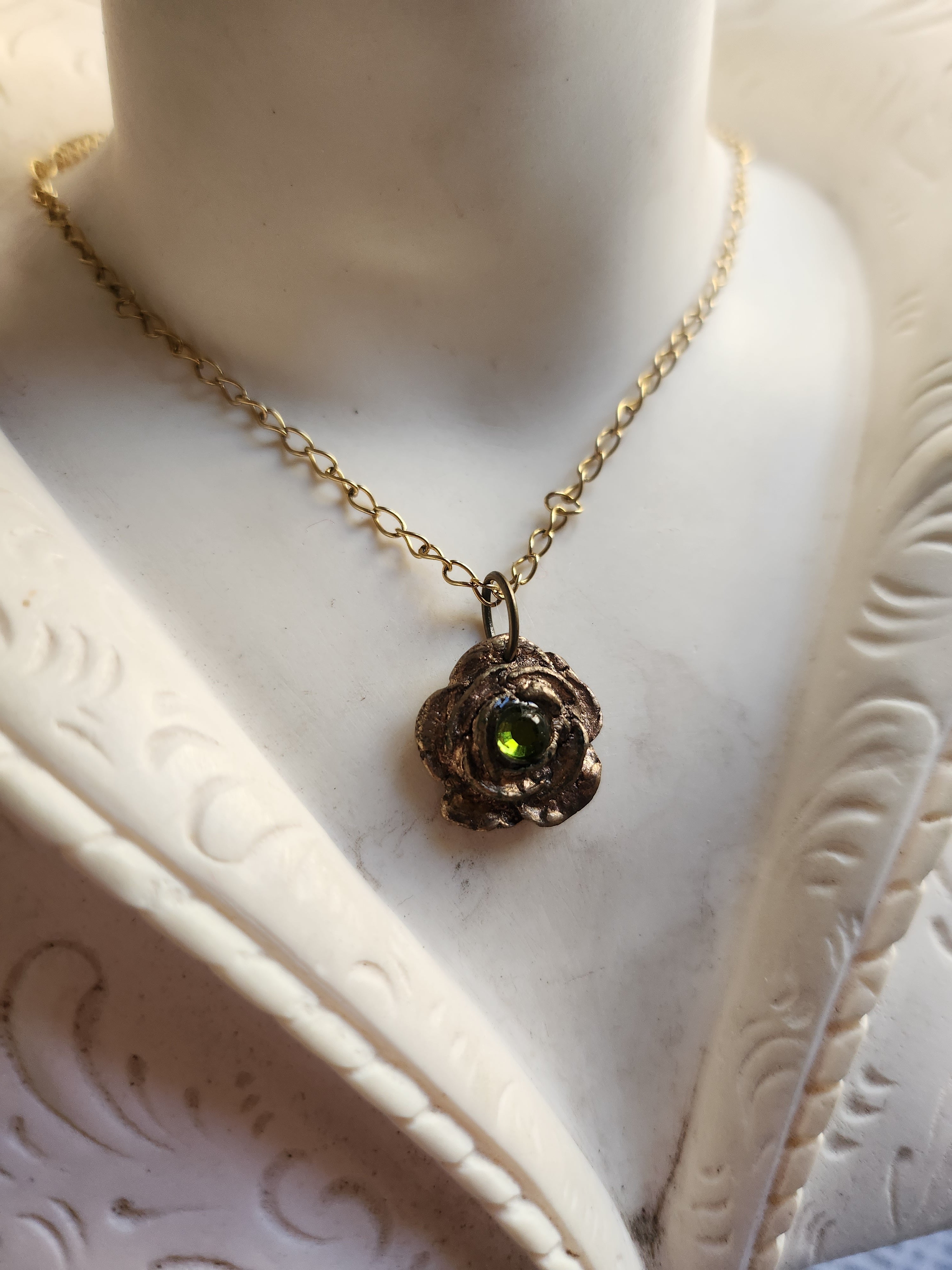 Rosarium Collection - Handmade Bronze Rose Pendant with Green Crystal