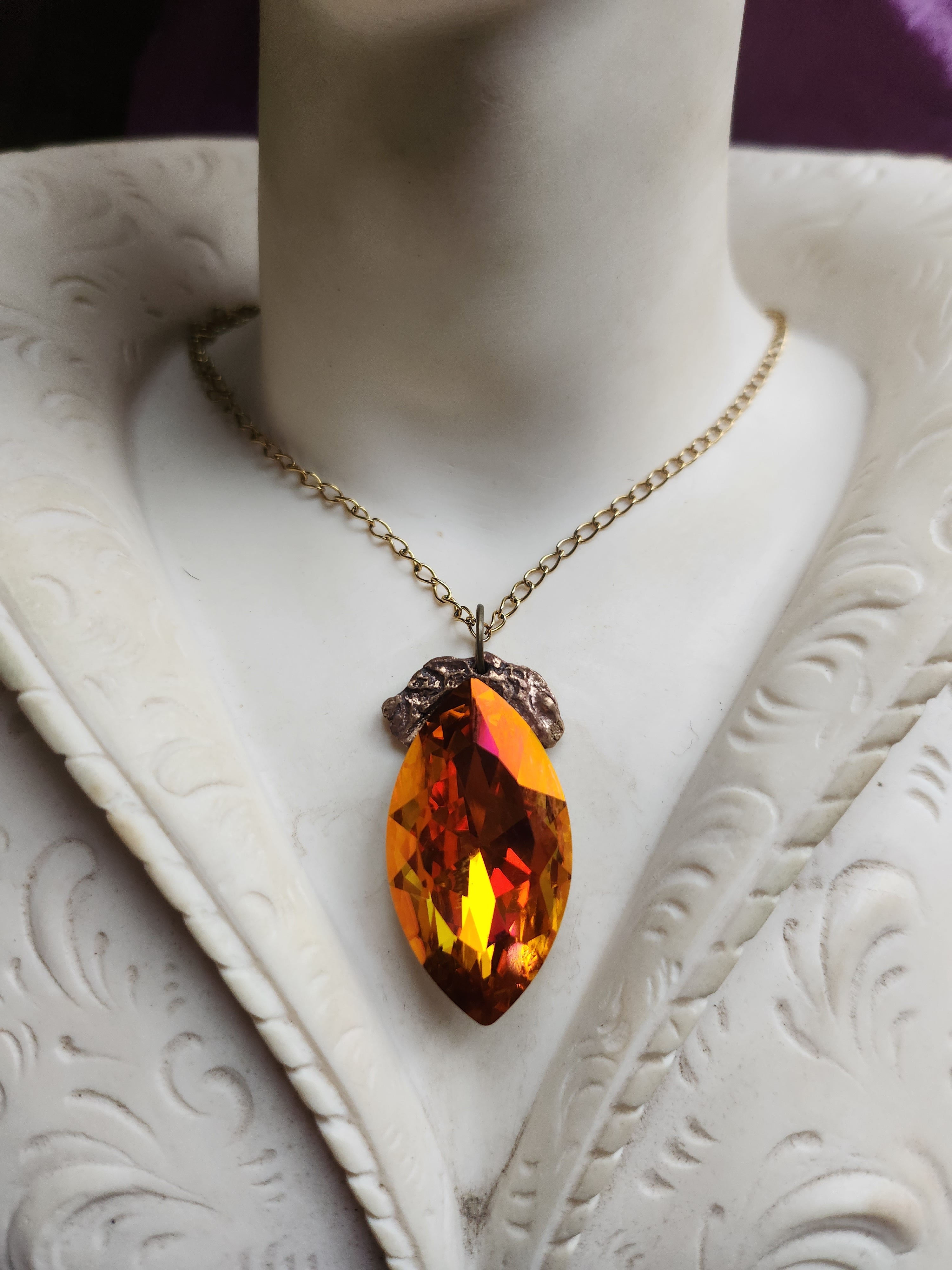 Mystic Baroque Collection - Handmade Bronze Pendant with Fire Opal Crystal Navette