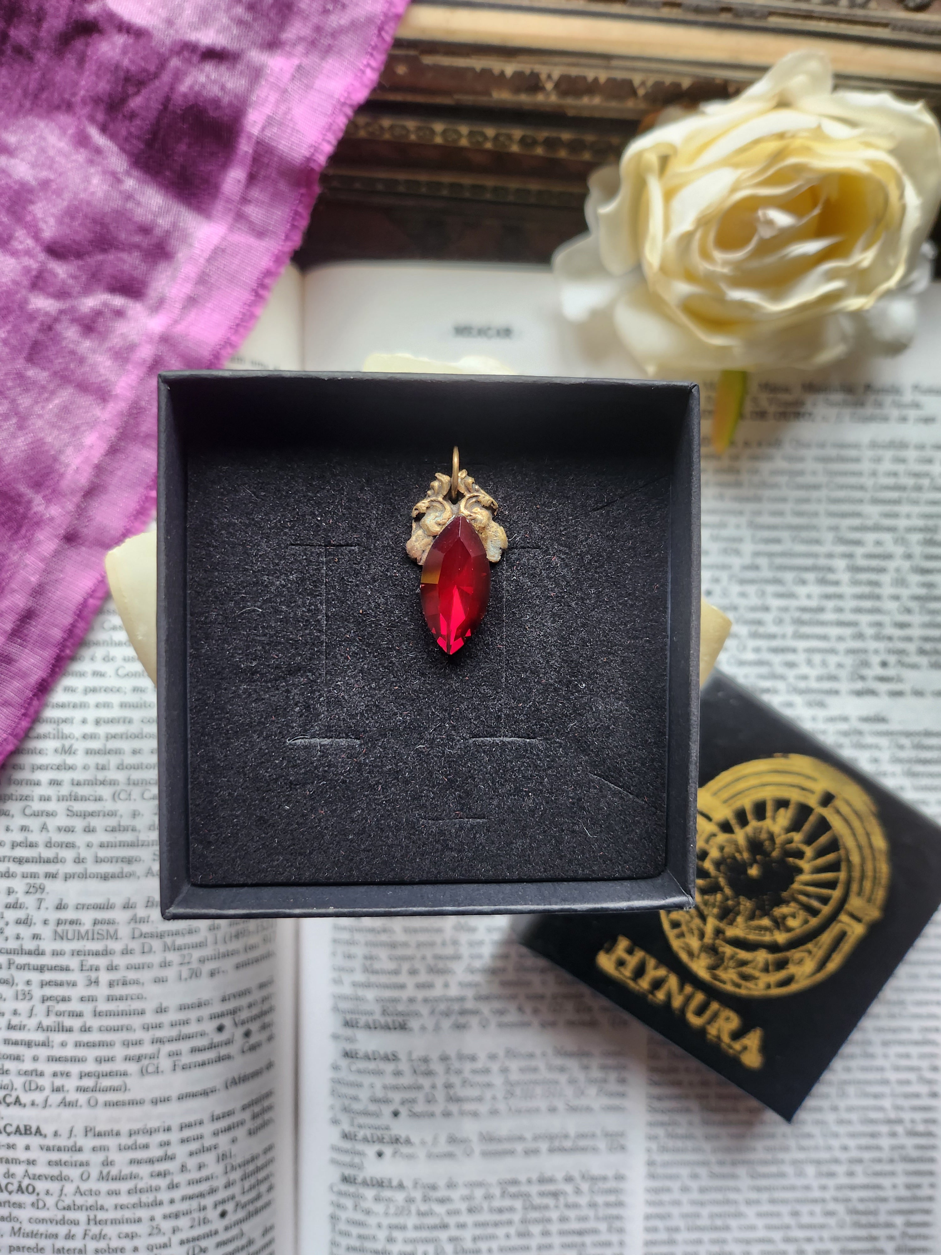 Arcane Resonance Collection – Handmade Bronze Pendant with Deep Red Navette Crystal