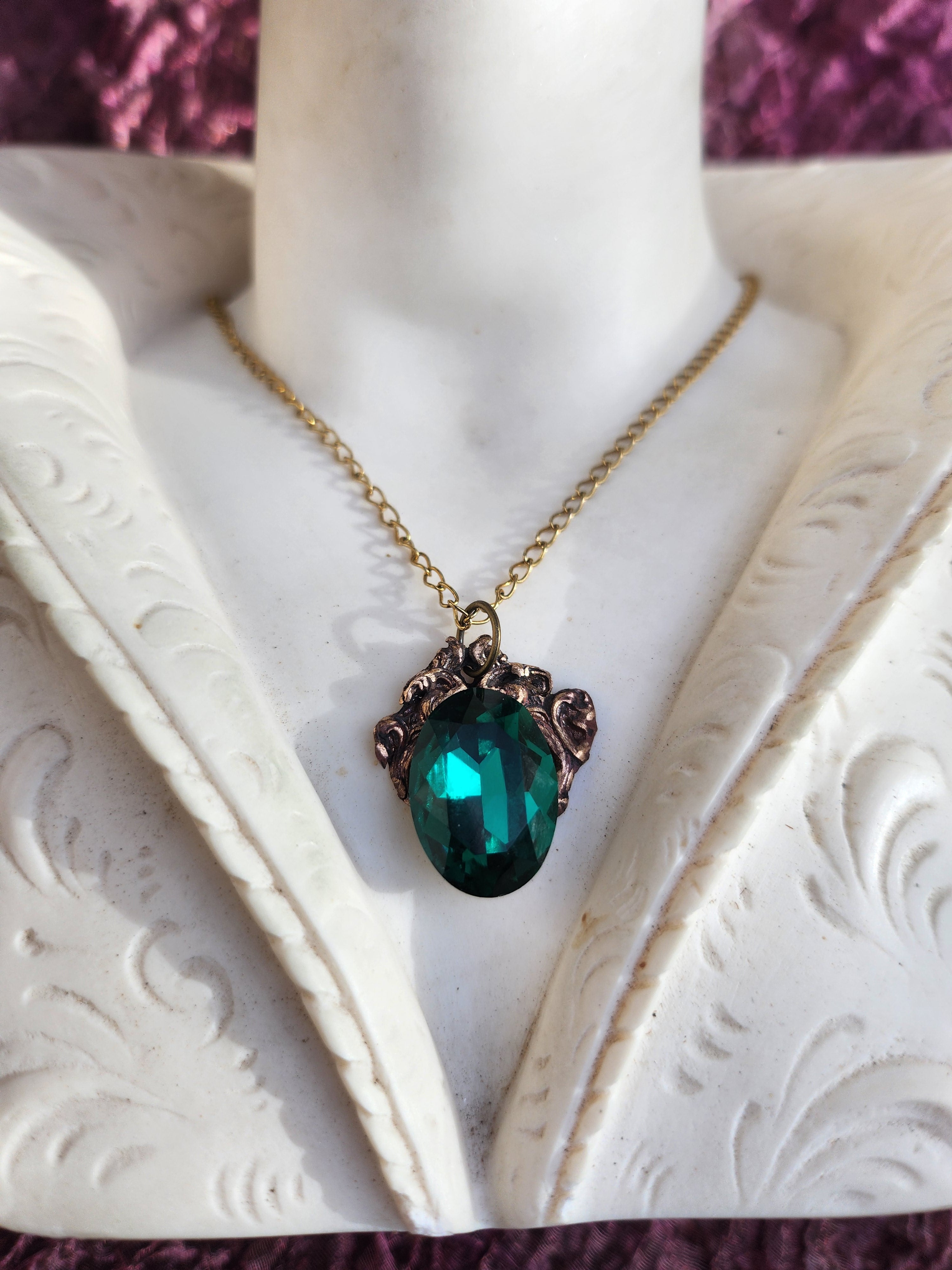 Arcane Resonance Collection – Handmade Bronze Pendant with Emerald Green Oval Crystal