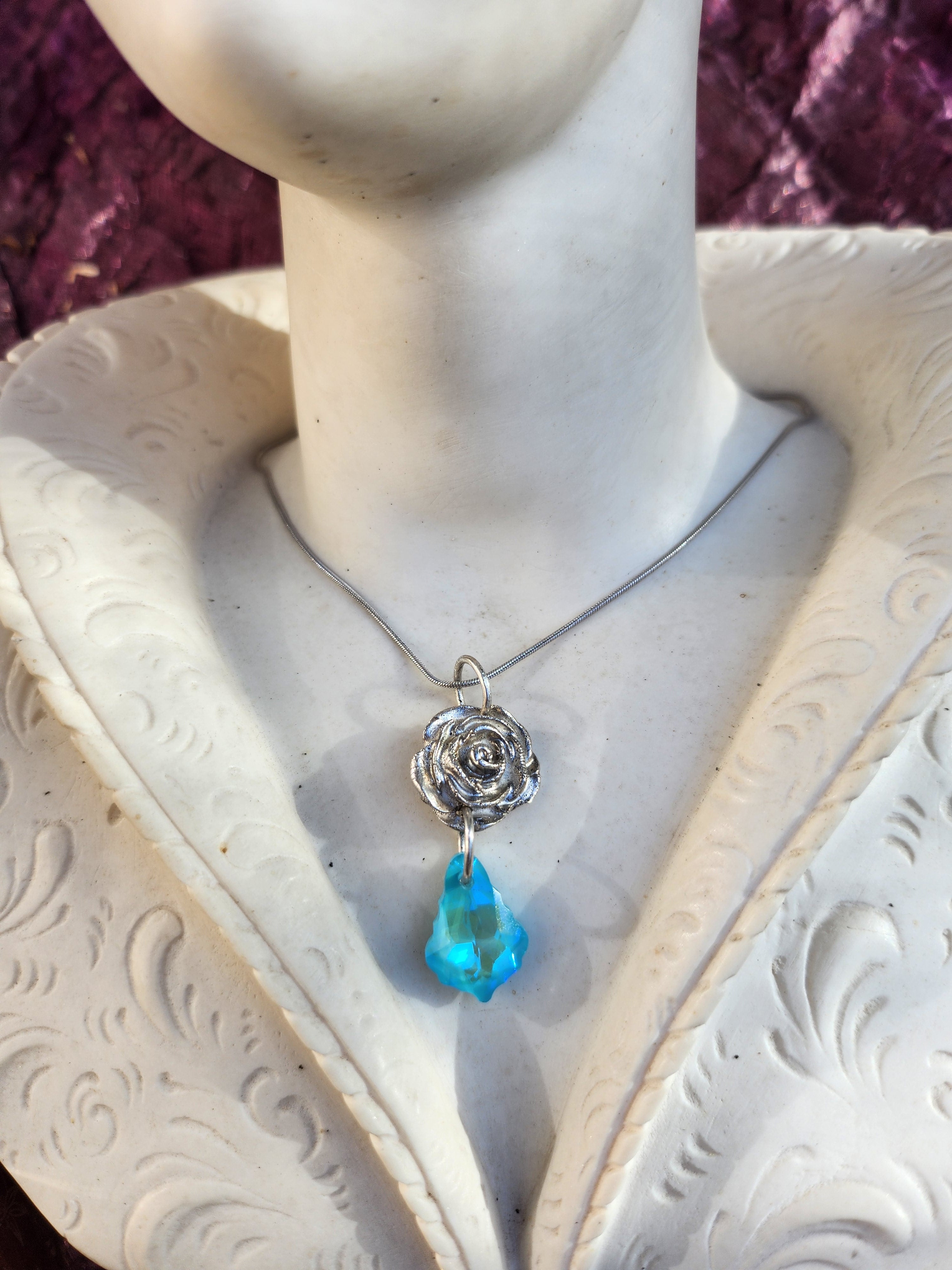 Rosarium Collection Collection - Handmade 999 Silver Rose Pendant with Aquamarine Blue Crystal