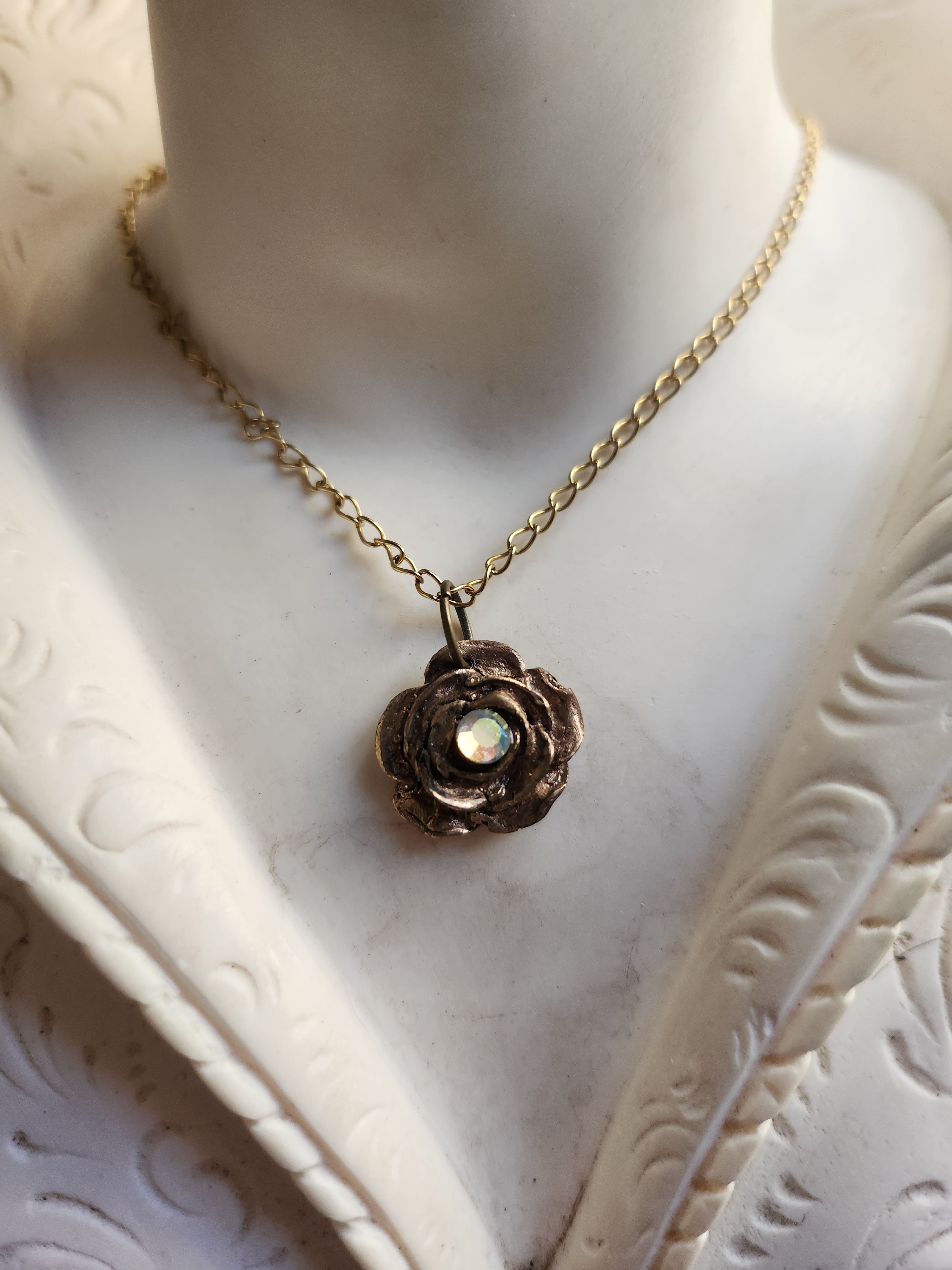 Rosarium Collection- Handmade Bronze Rose Pendant with Yellow Opal Crystal