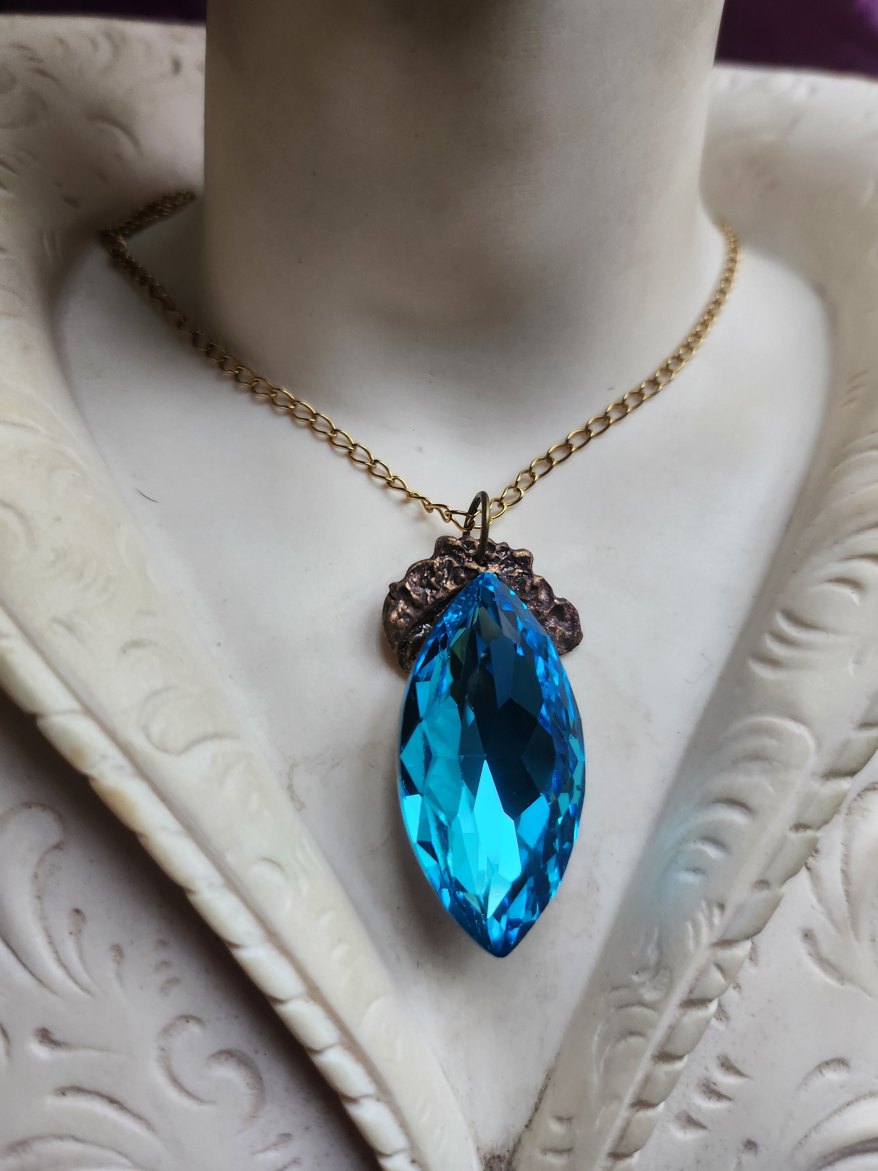 Mystic Baroque Collection - Handmade Bronze Pendant with Electric Blue Crystal Navette