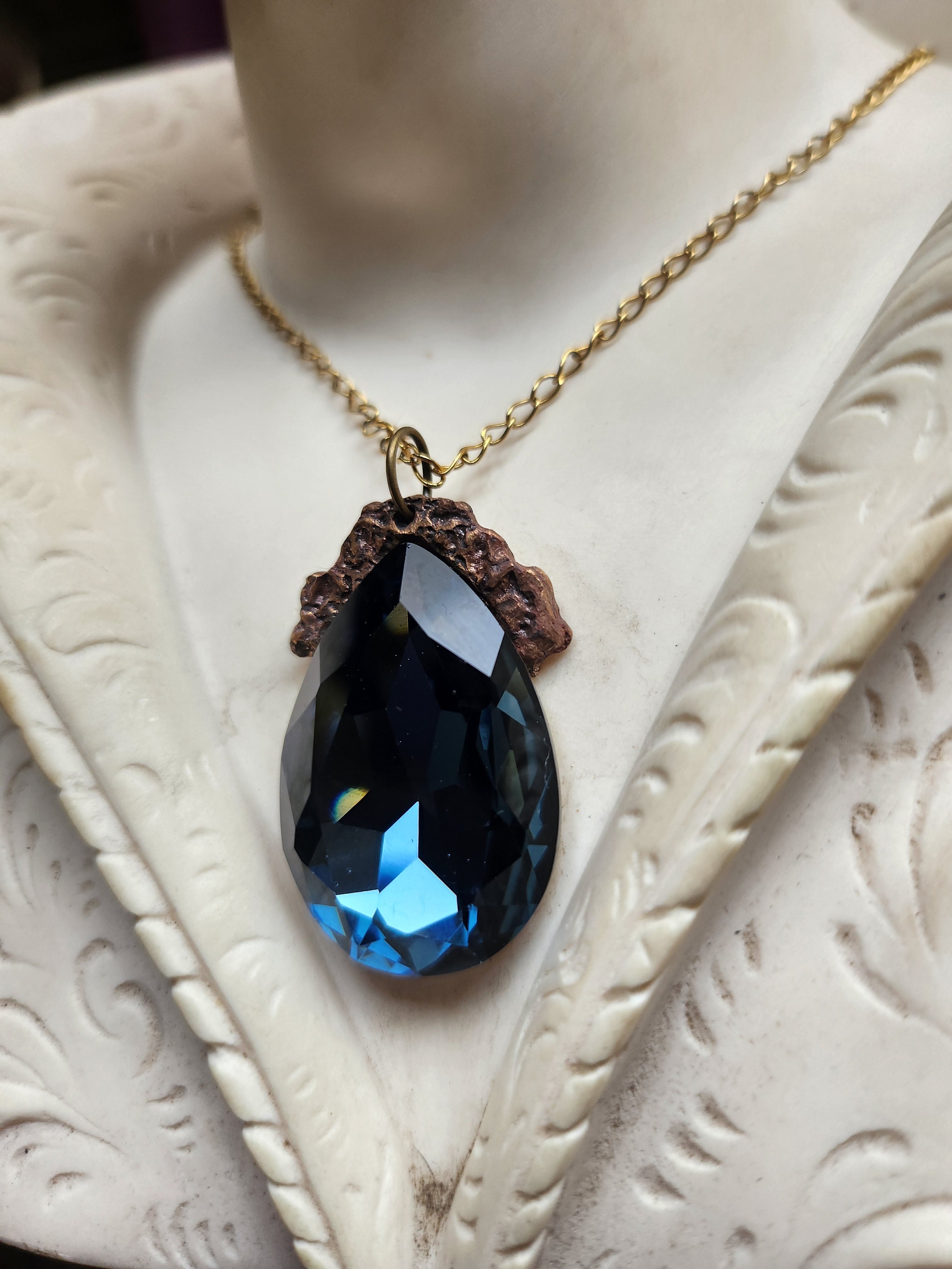 Mystic Baroque Collection - Handmade Bronze Pendant with Teel Teardrop Crystal