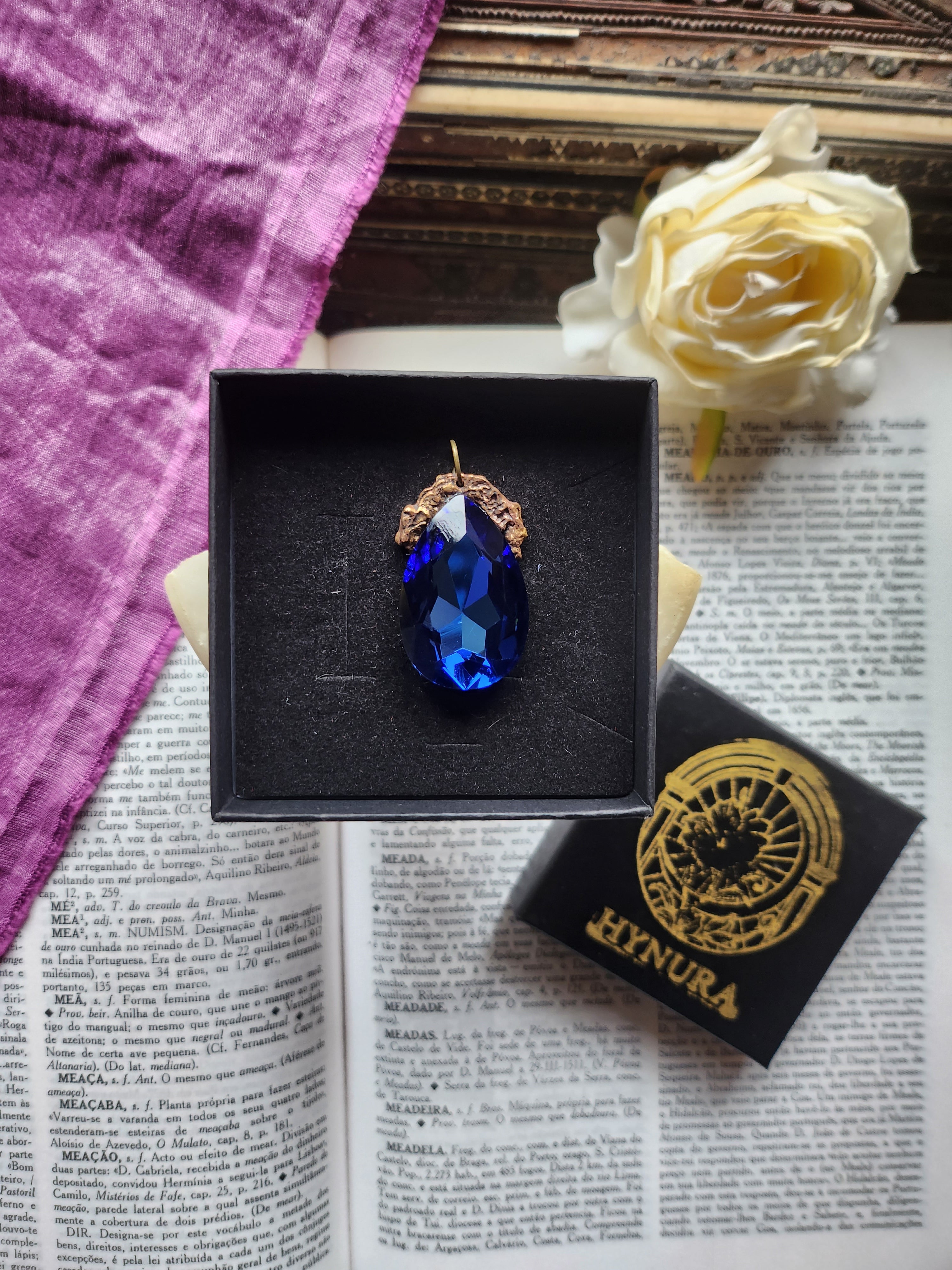 Mystic Baroque Collection - Handmade Bronze Pendant with Royal Blue Teardrop Crystal
