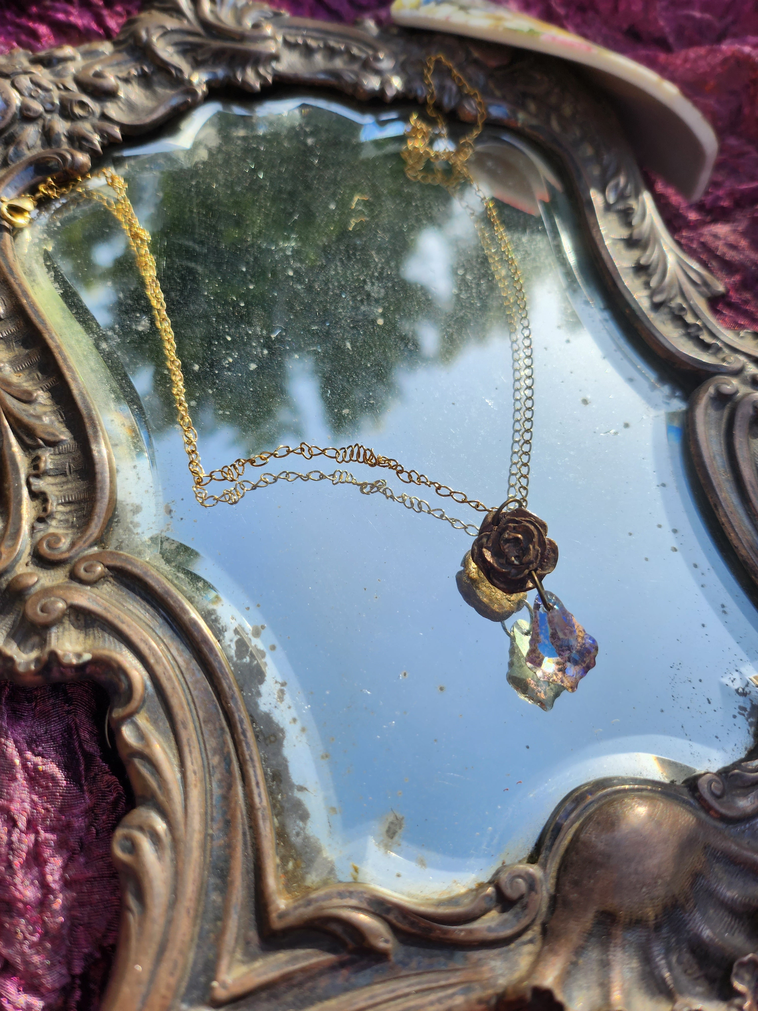 Rosarium Collection Collection - Handmade Bronze Rose Pendant with Lilac Crystal