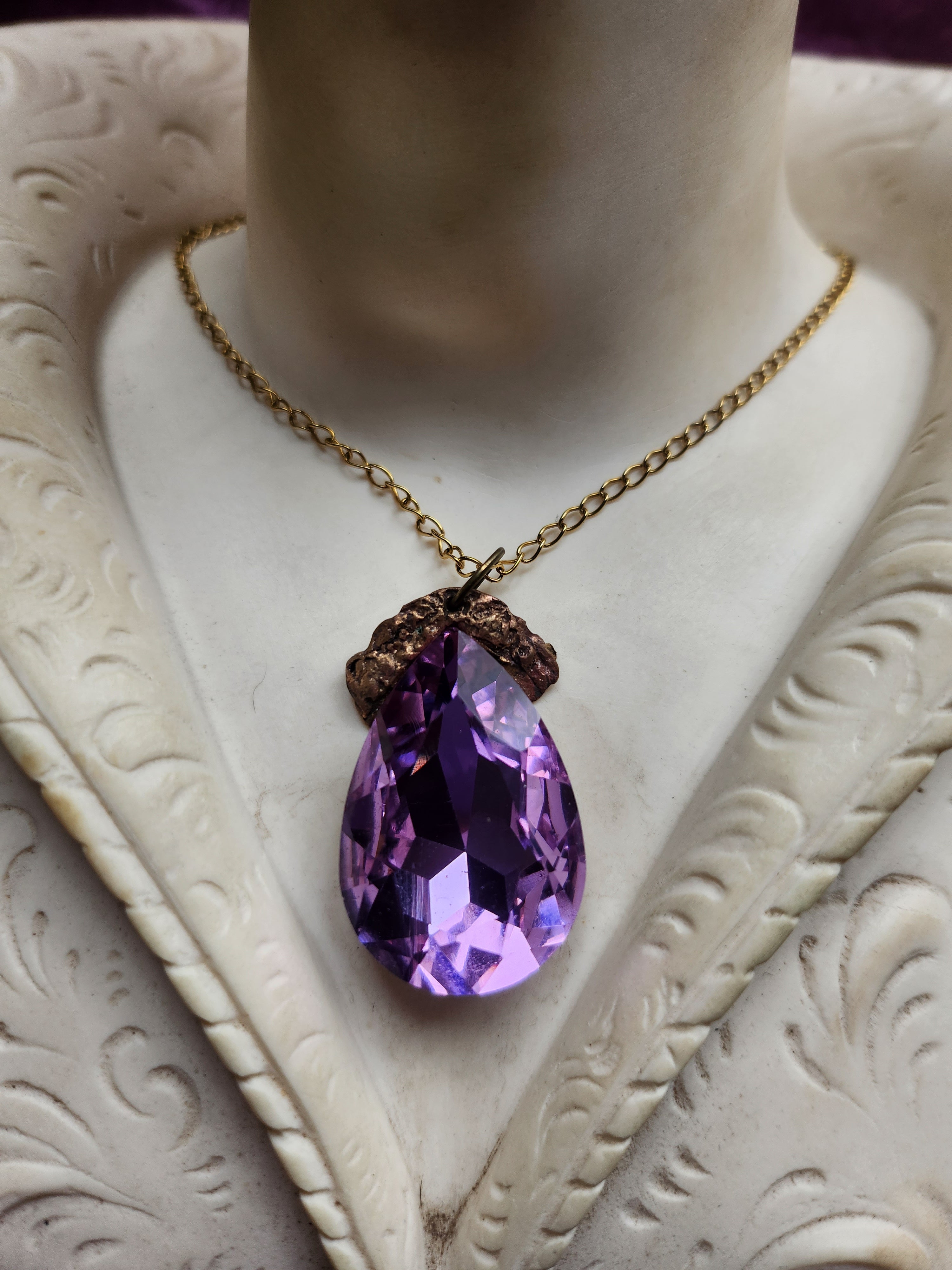 Mystic Baroque Collection - Handmade Bronze Pendant with Lavender Teardrop Crystal