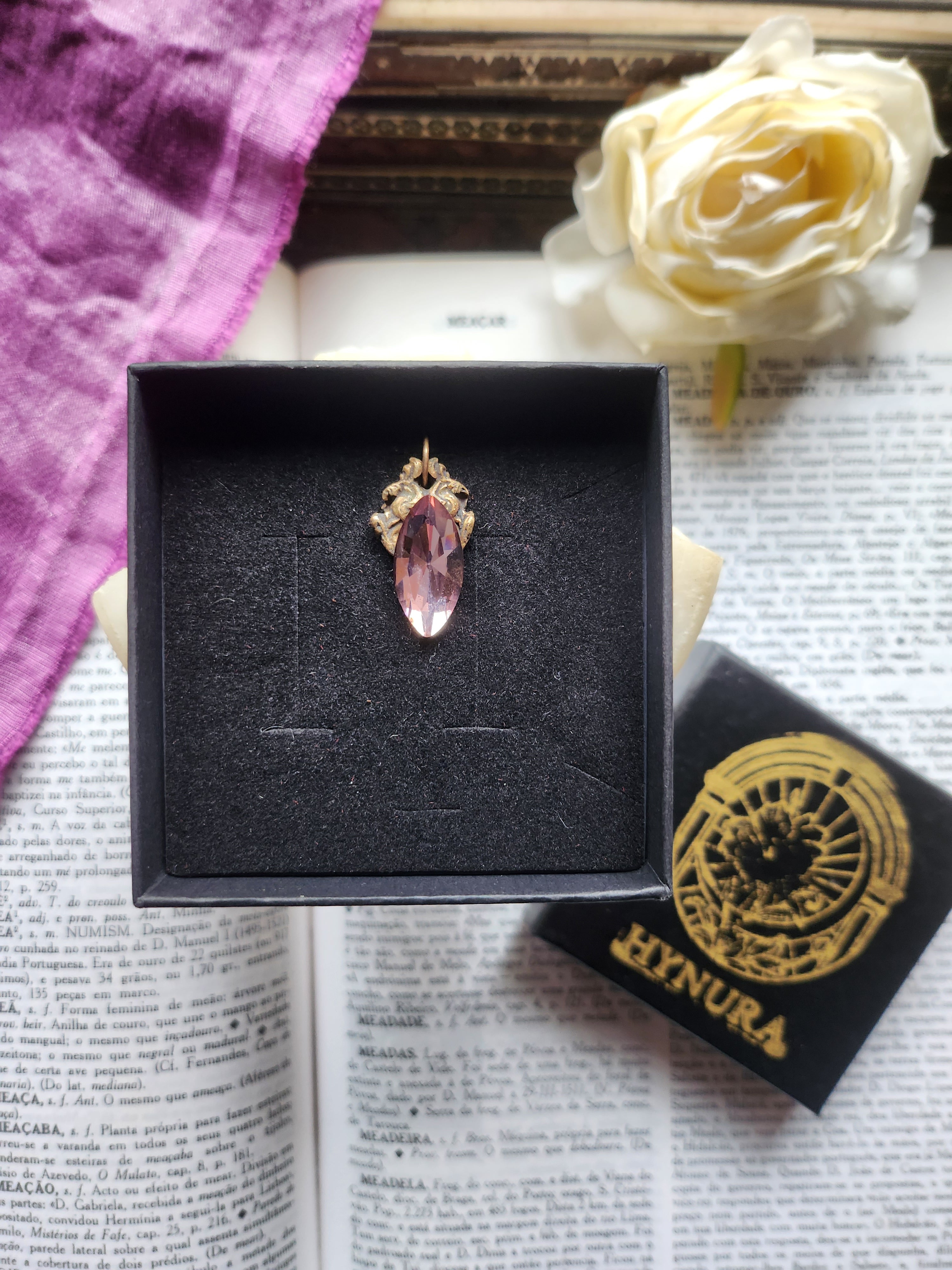 Arcane Resonance Collection – Handmade Bronze Pendant with Dusty Rose Navette Crystal