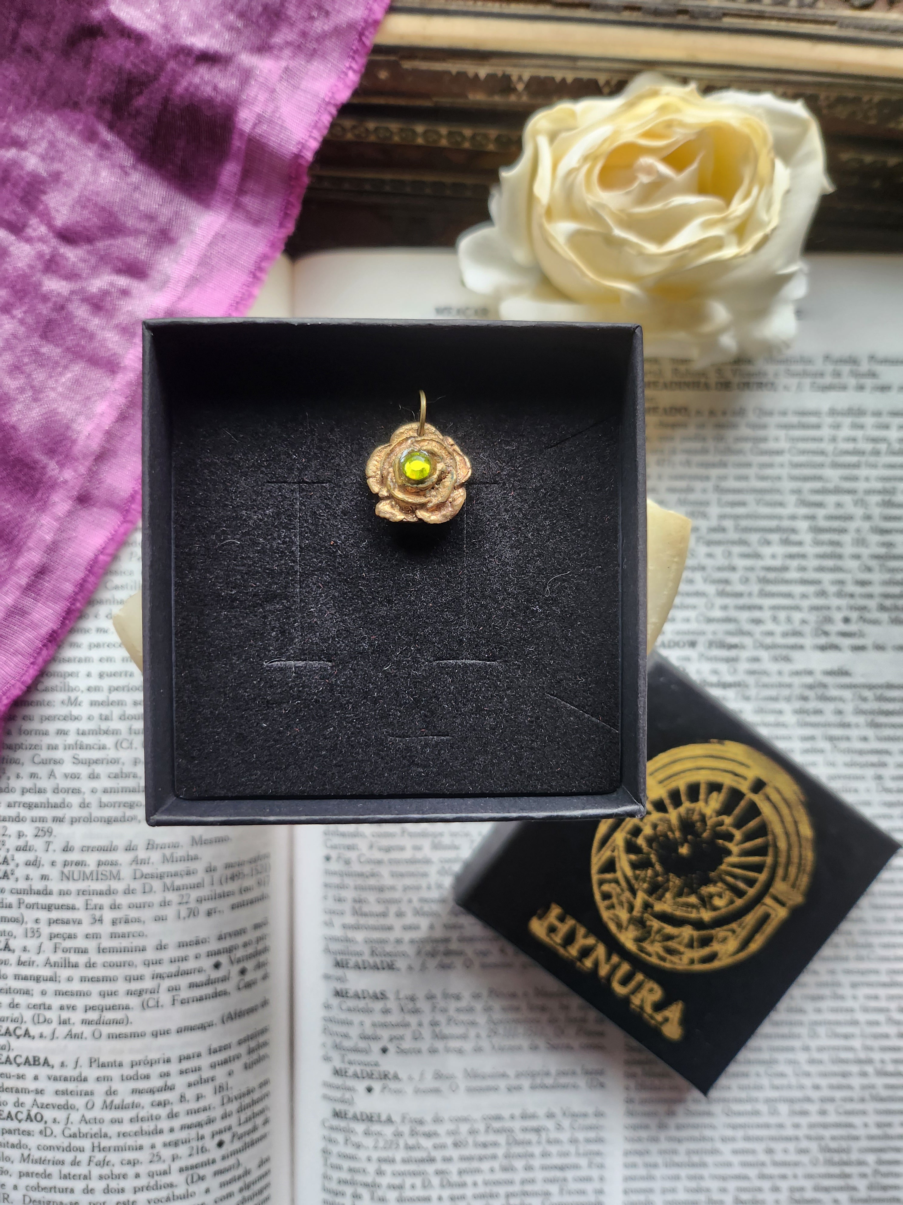 Rosarium Collection - Handmade Bronze Rose Pendant with Green Crystal