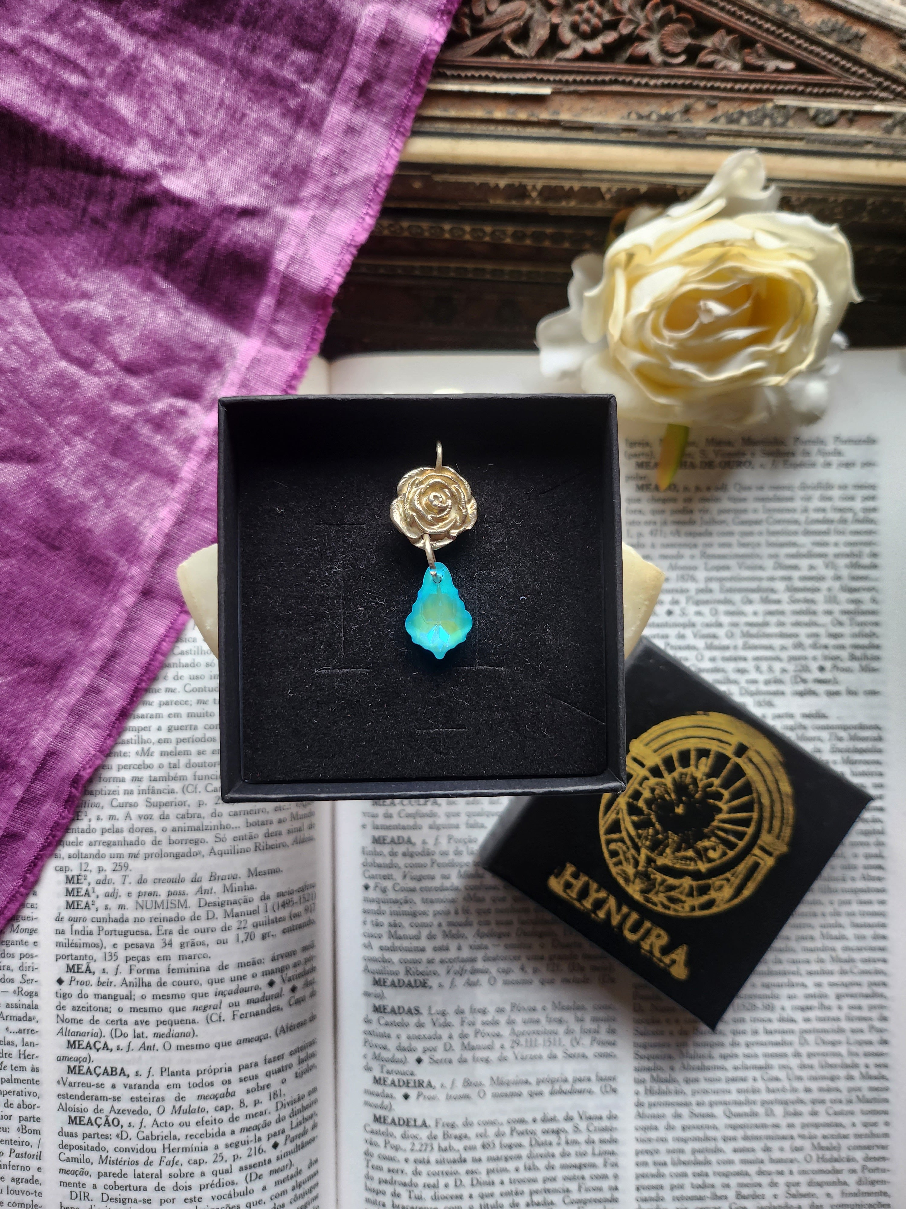 Rosarium Collection - Handmade 999 Silver Rose Pendant with Aquamarine Blue Crystal