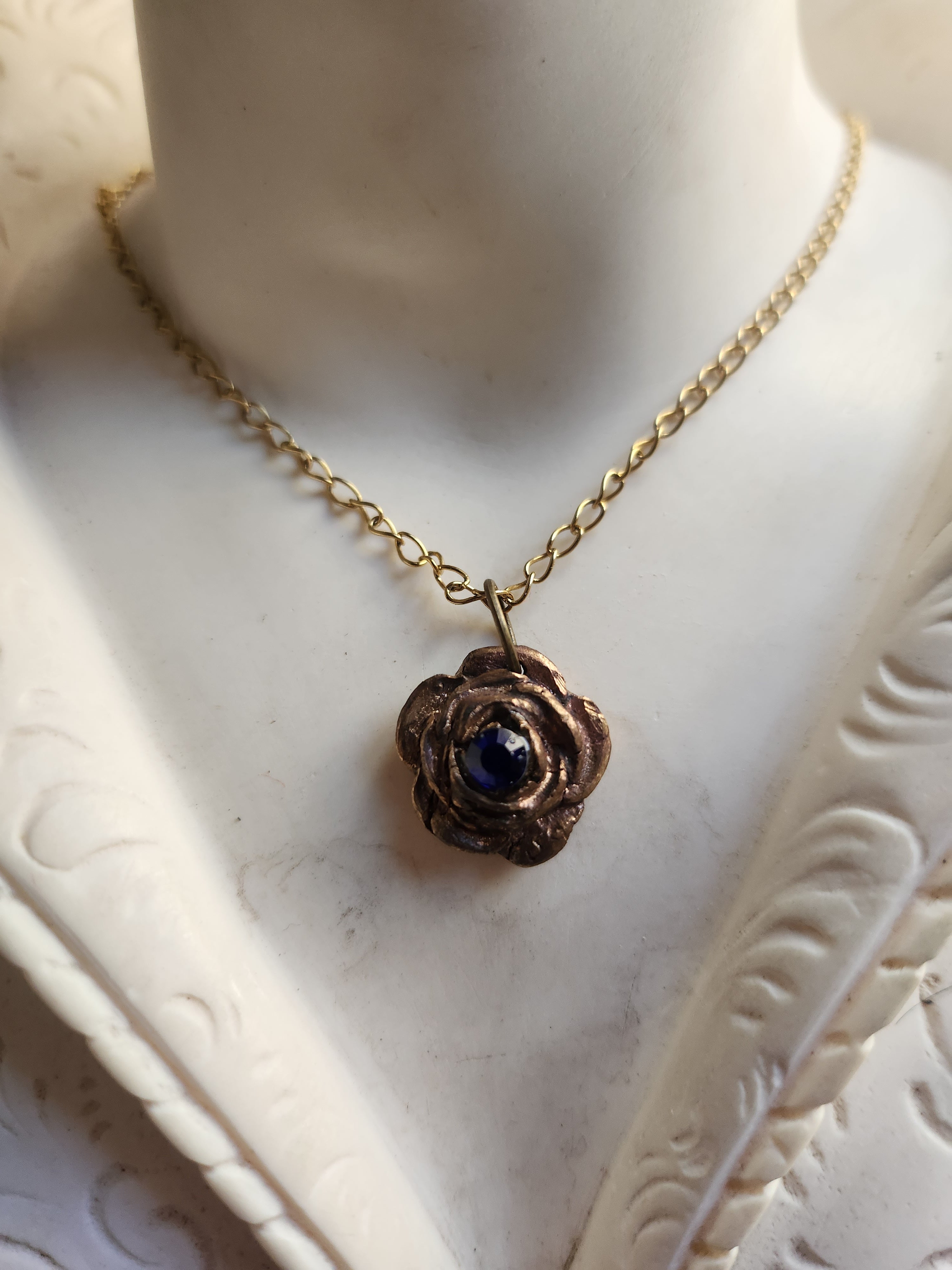 Rosarium Collection - Handmade Bronze Rose Pendant with Royal Blue Crystal