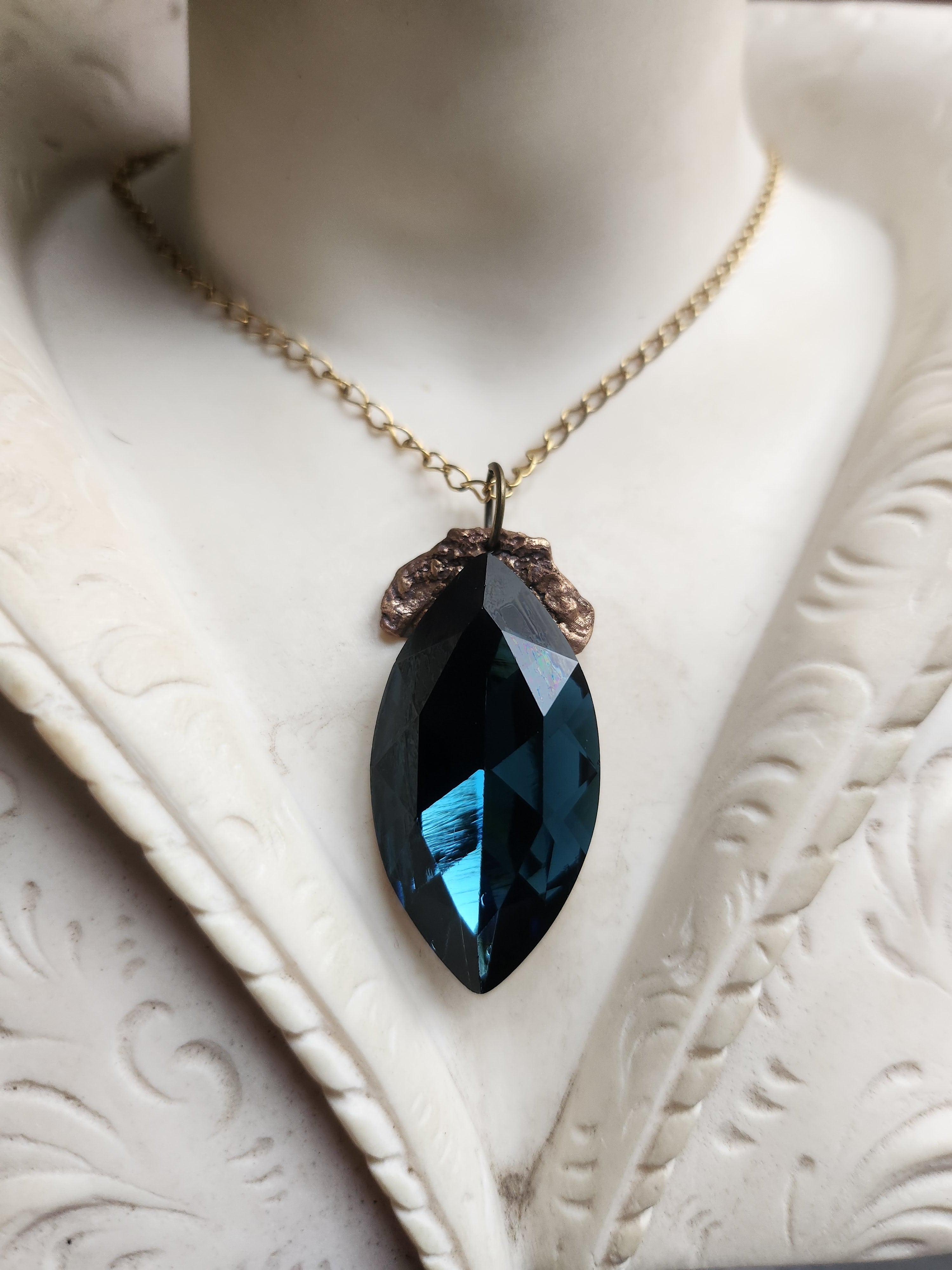 Mystic Baroque Collection - Handmade Bronze Pendant with Deep Teel Crystal Navette