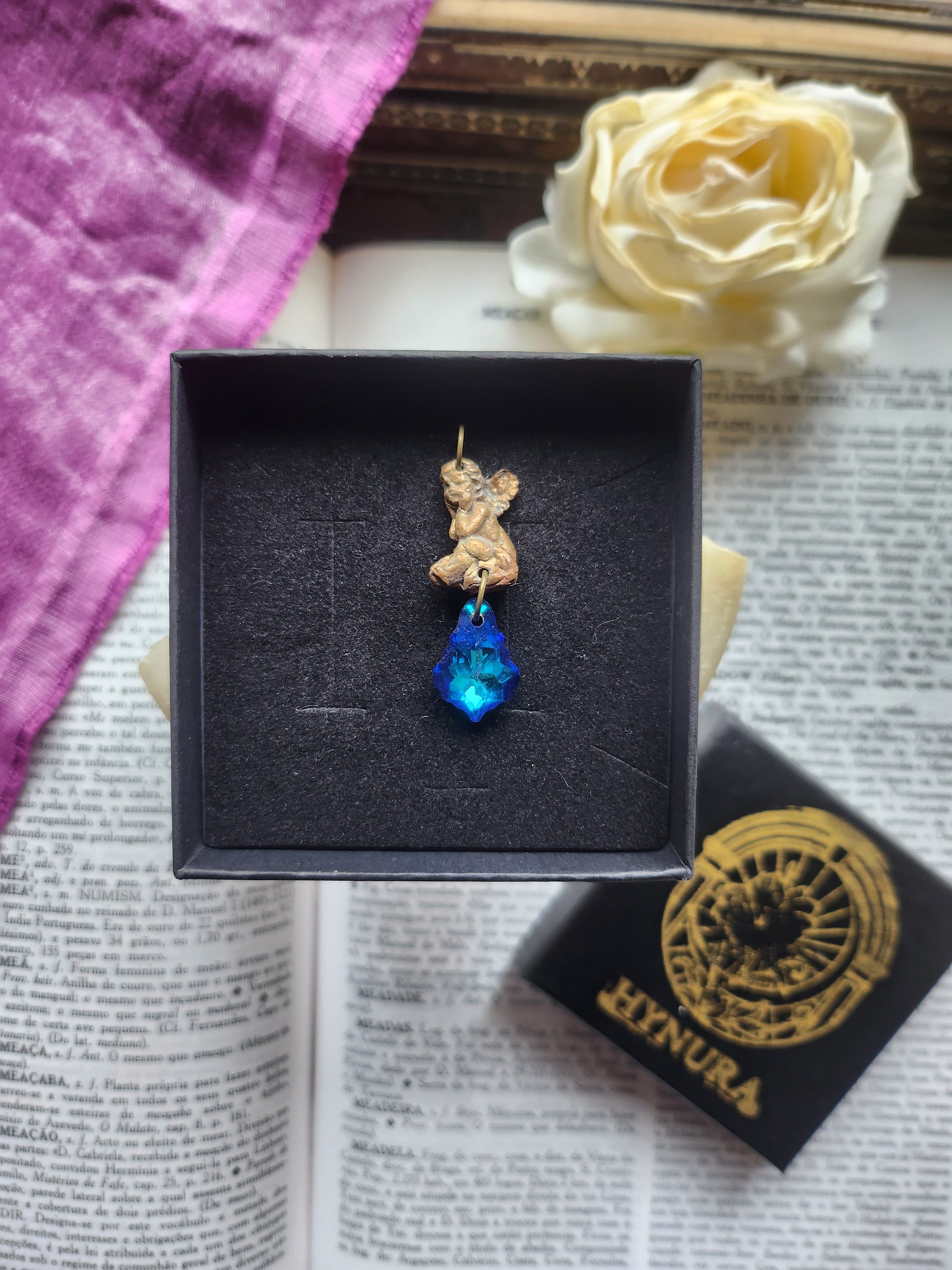 Echoes of Heaven Collection - Handmade Bronze Angel Pendant with Blue Crystal