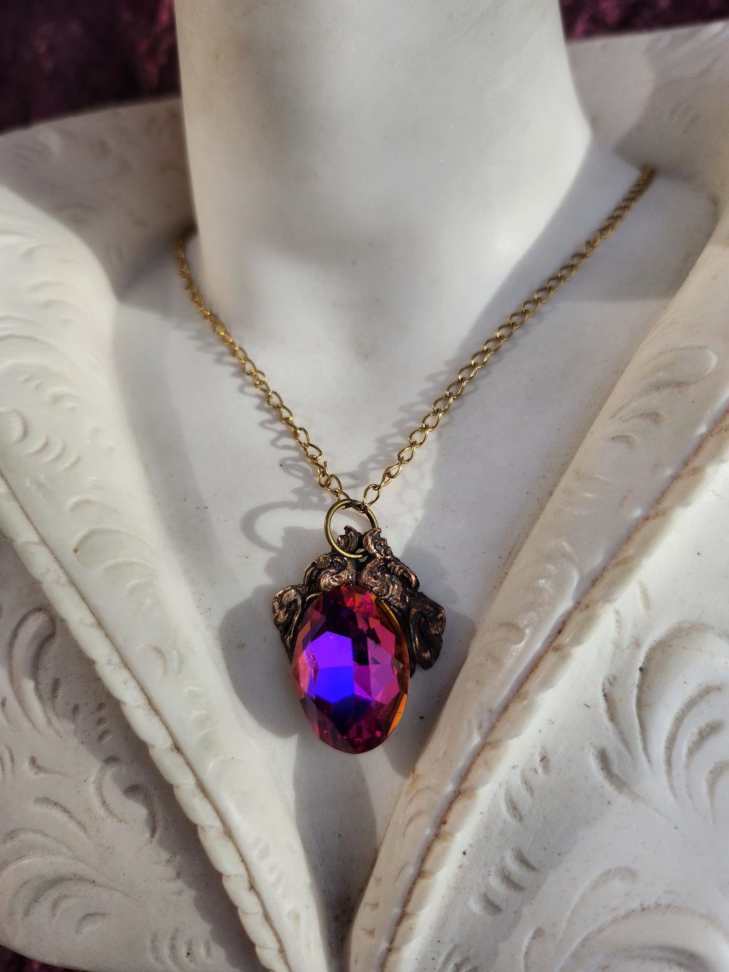 Arcane Resonance Collection – Handmade Bronze Pendant with Purple, Fuchsia and Amber Oval Crystal
